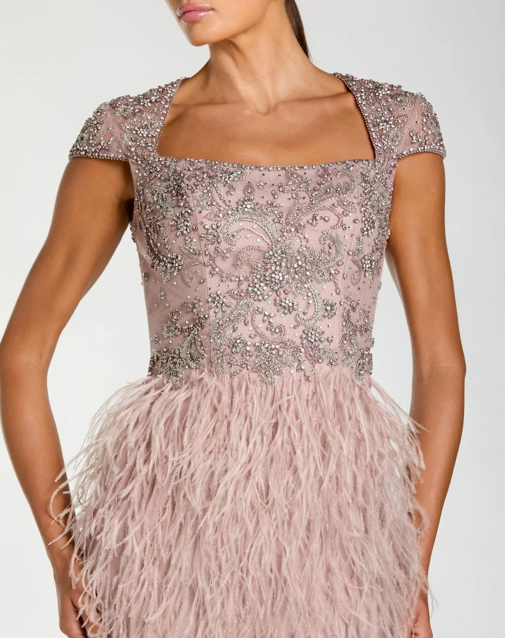Mocha Square Neck Floor-Length Embellished Lace Formal Gown with Feathered Skirt Mac Duggal 77109
