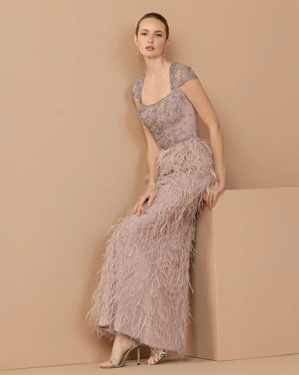 Mocha Square Neck Floor-Length Embellished Lace Formal Gown with Feathered Skirt Mac Duggal 77109