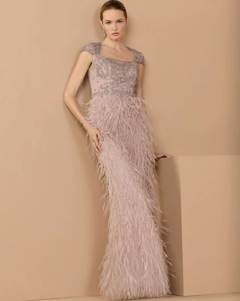 Mocha Square Neck Floor-Length Embellished Lace Formal Gown with Feathered Skirt Mac Duggal 77109
