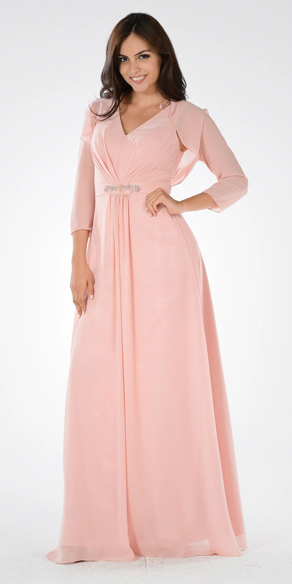 Blush V-Neck Floor-Length Chiffon Mother of the Bride A-Line Gown with Bolero Jacket Poly USA 7770