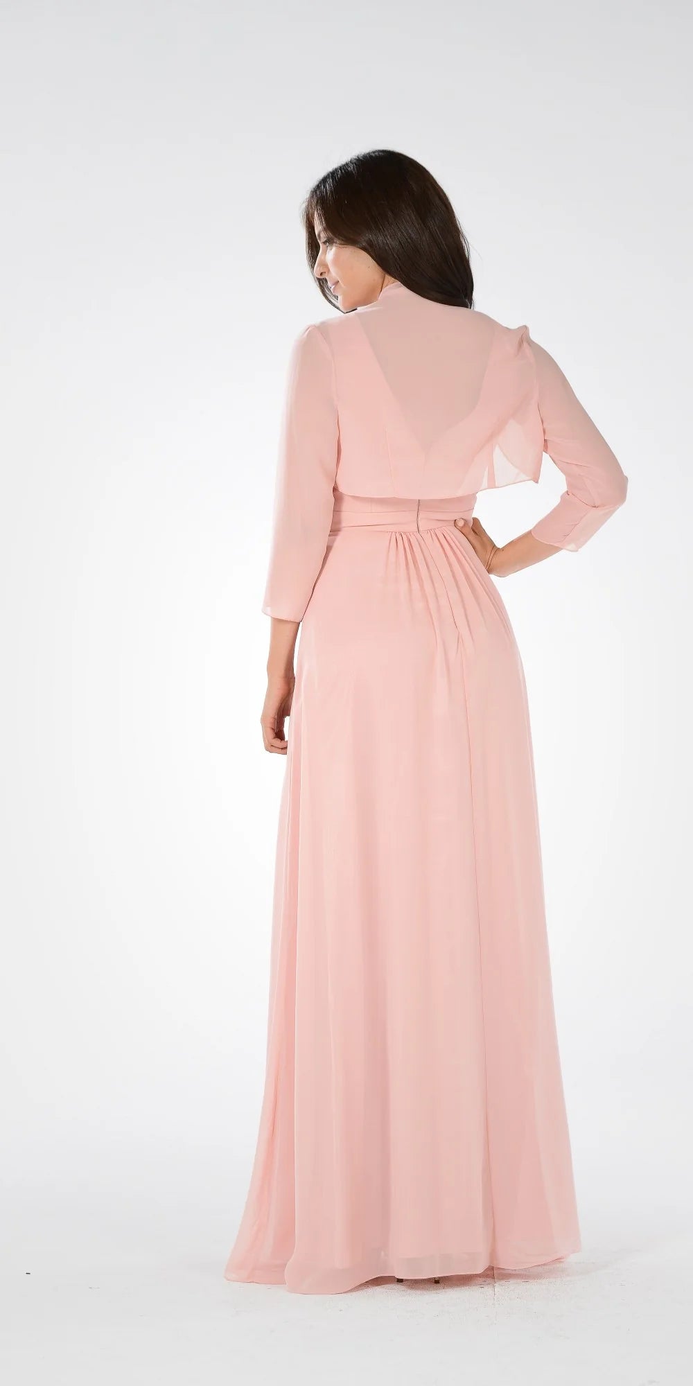 Blush V-Neck Floor-Length Chiffon Mother of the Bride A-Line Gown with Bolero Jacket Poly USA 7770