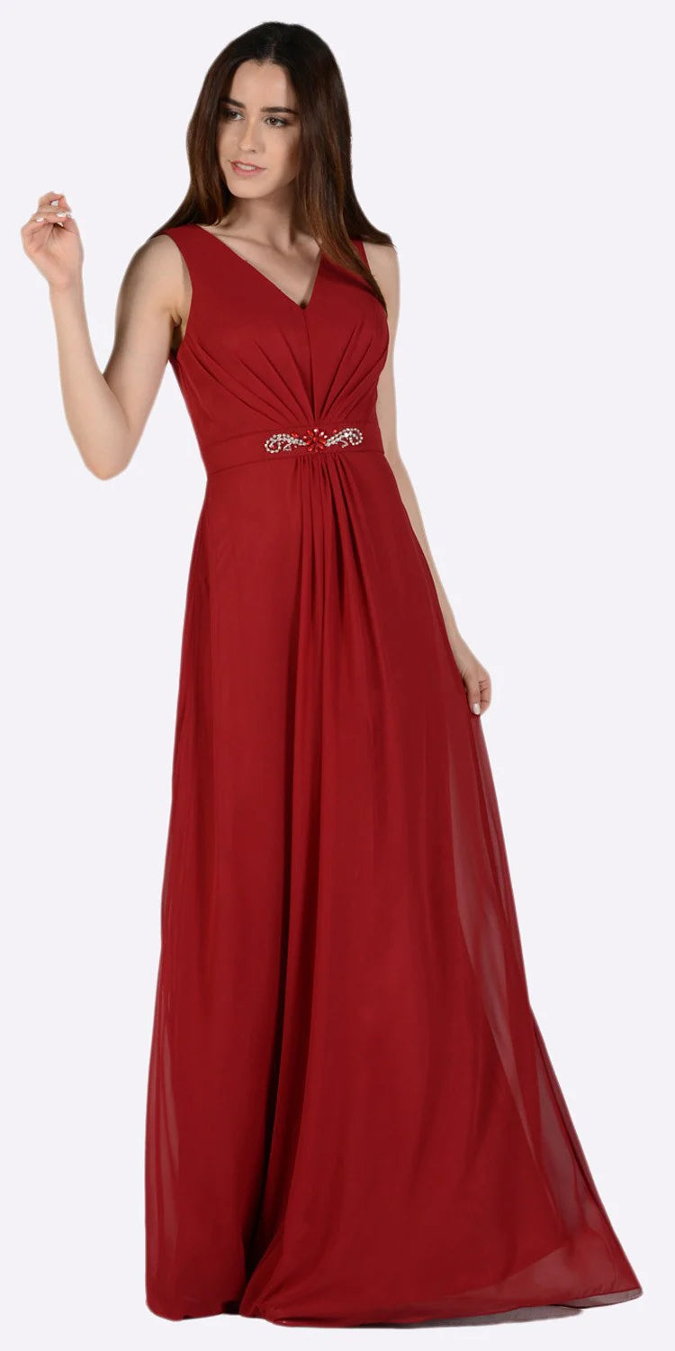 Burgundy V-Neck Floor-Length Chiffon Mother of the Bride A-Line Gown with Bolero Jacket Poly USA 7770