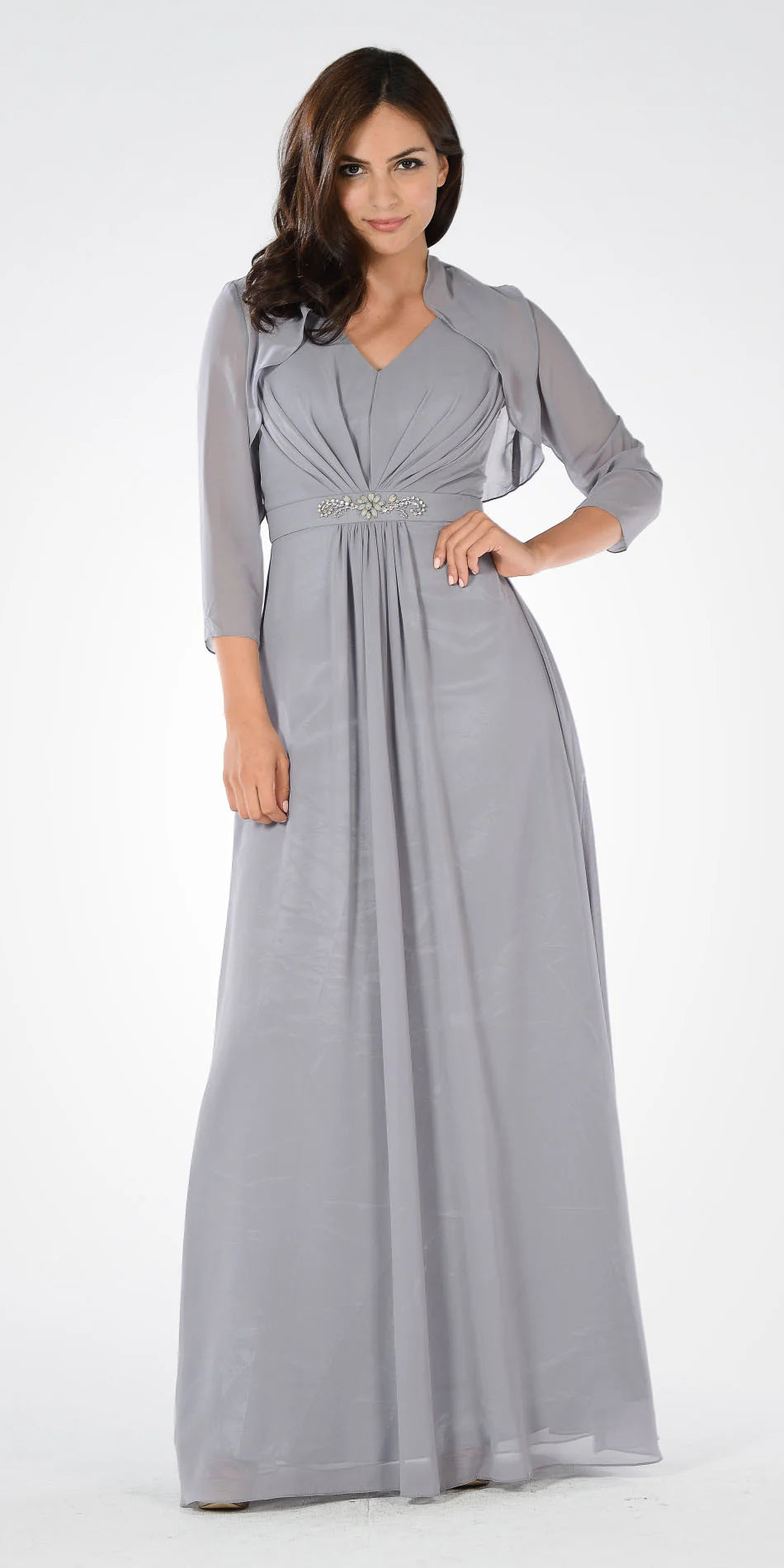 Gray V-Neck Floor-Length Chiffon Mother of the Bride A-Line Gown with Bolero Jacket Poly USA 7770
