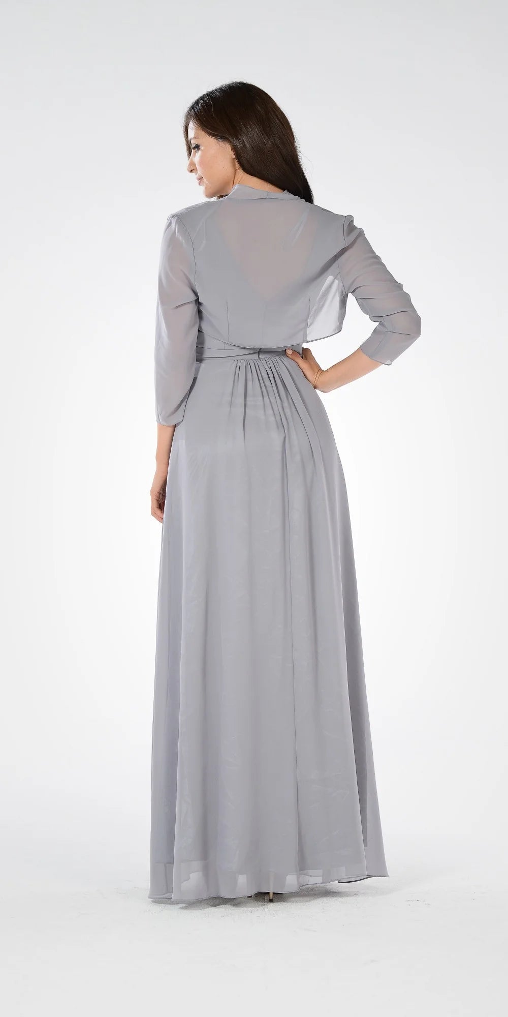 Gray V-Neck Floor-Length Chiffon Mother of the Bride A-Line Gown with Bolero Jacket Poly USA 7770