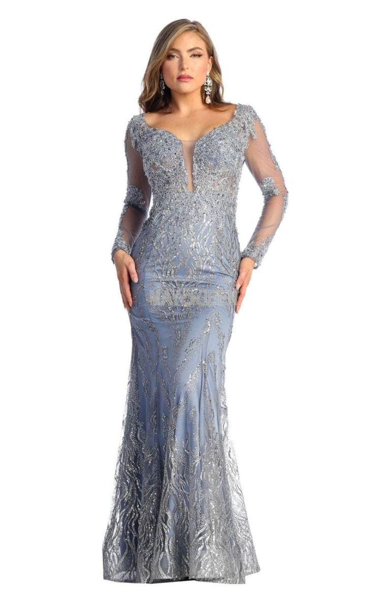 V-Neck Floor-Length Lace Evening Gown Mermaid May Queen RQ7937