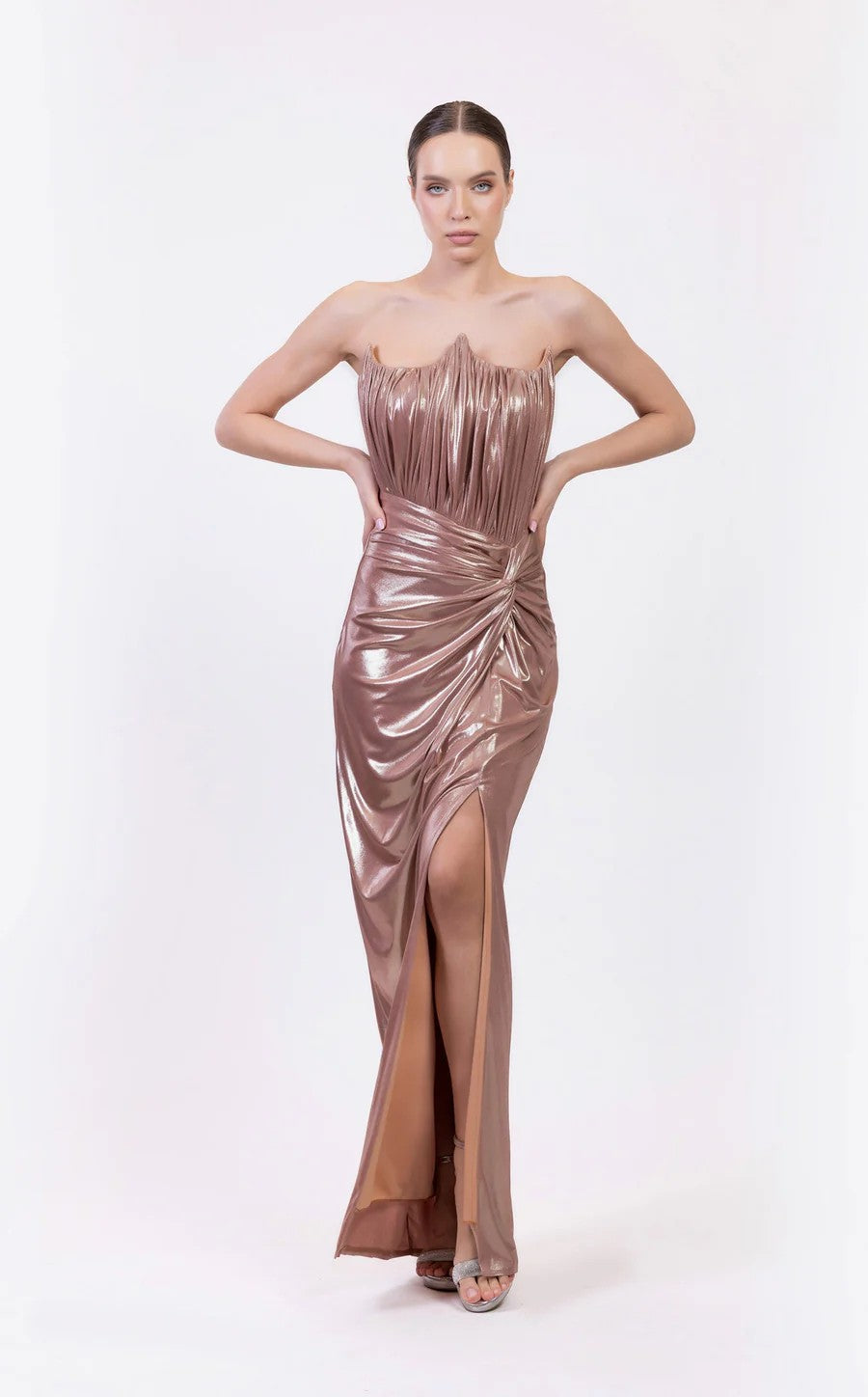 Odrella 7883 Prom Long Mettalic Formal Slit Dress