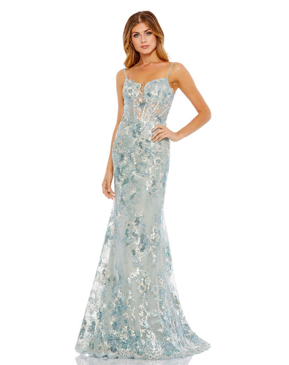 Formal Dresses Long Fitted Floral Formal Prom Dress Ice Blue