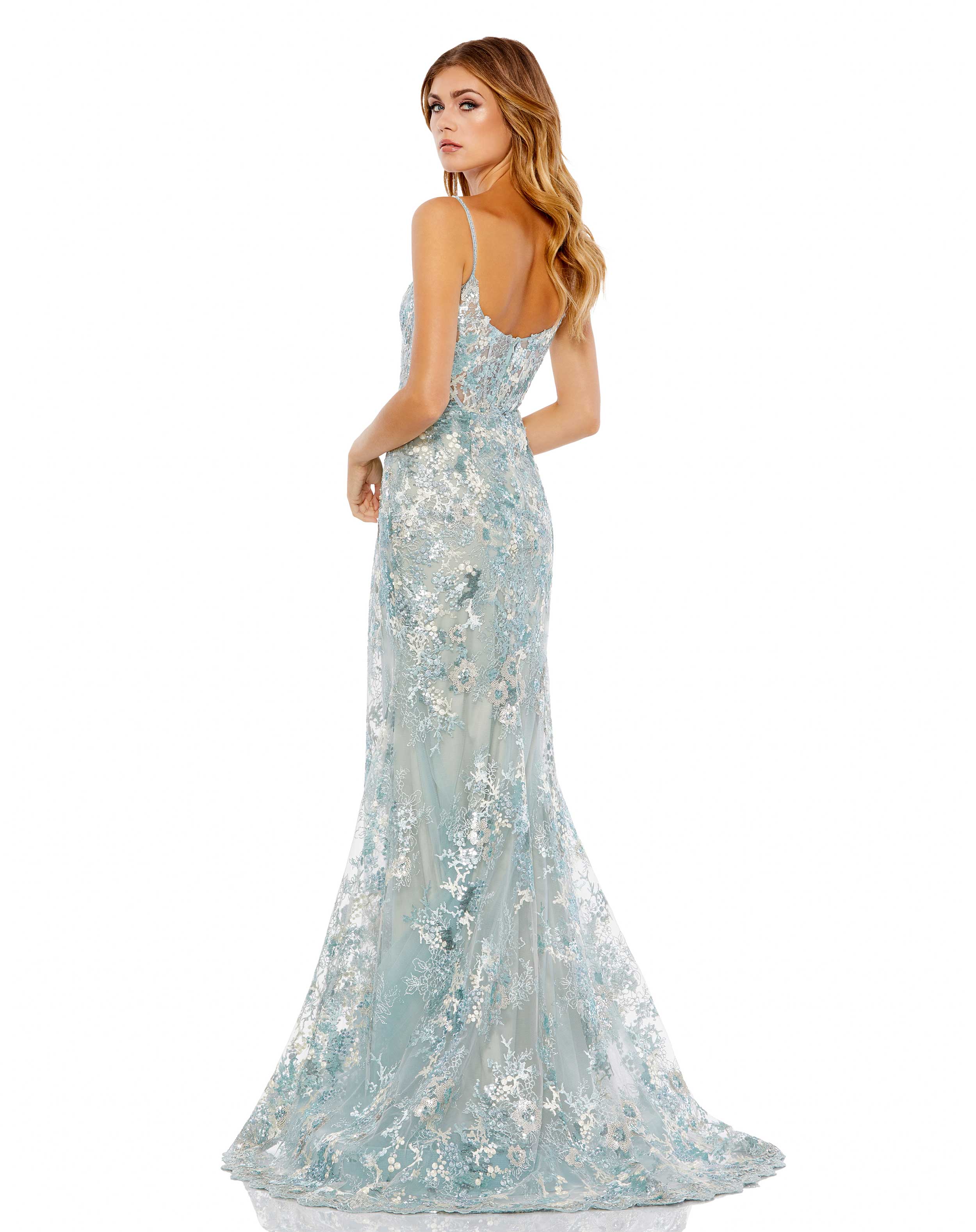 Formal Dresses Long Fitted Floral Formal Prom Dress Ice Blue