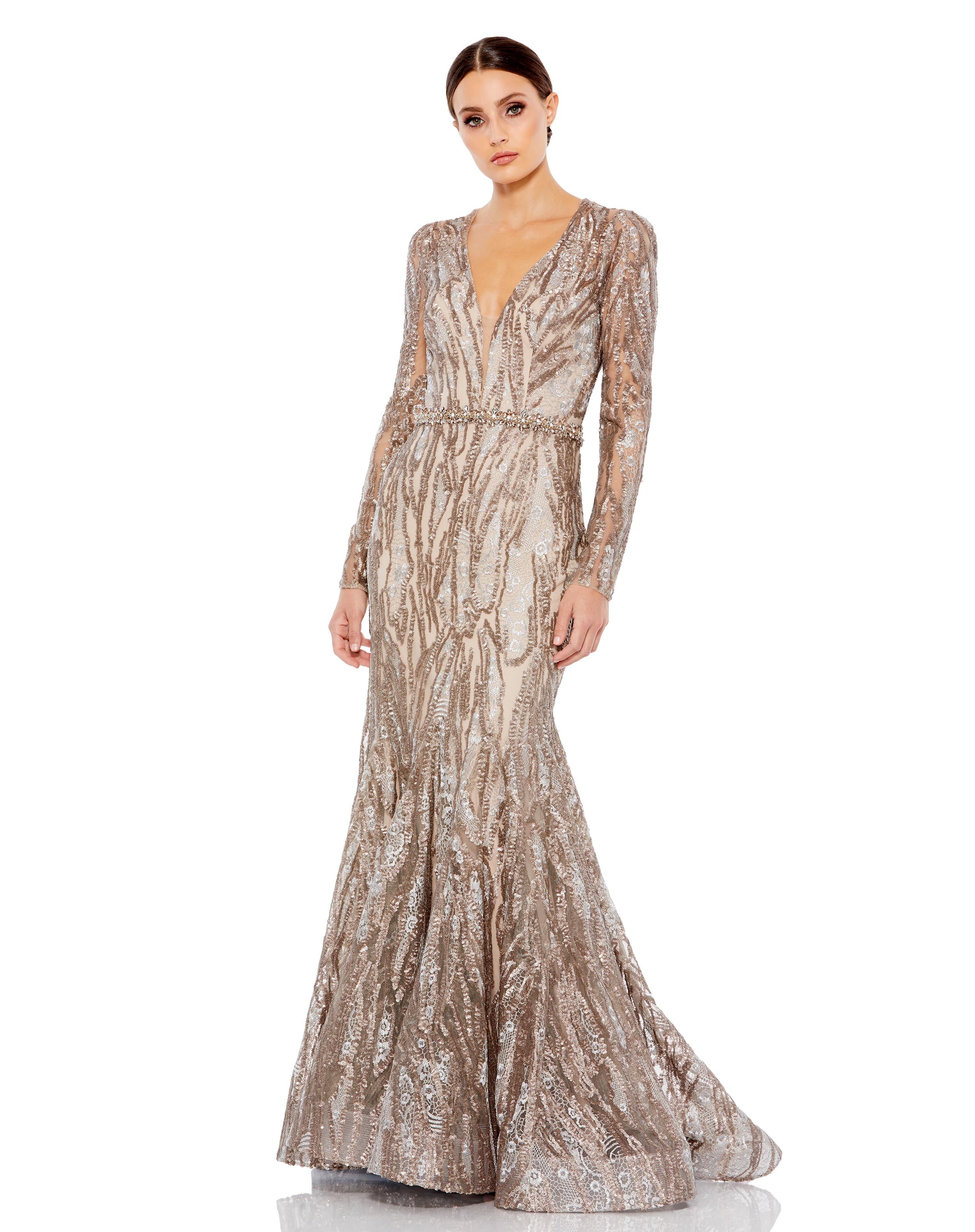 Prom Dresses Formal Long Sleeve Trumpet Gown Taupe