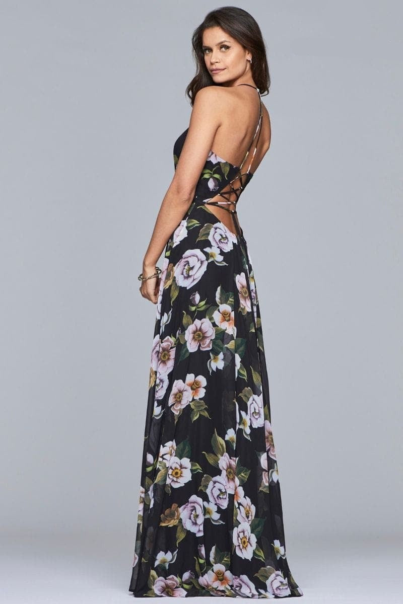 Prom Dresses Pleated Long Formal Floral Print Slit Prom Gown Black