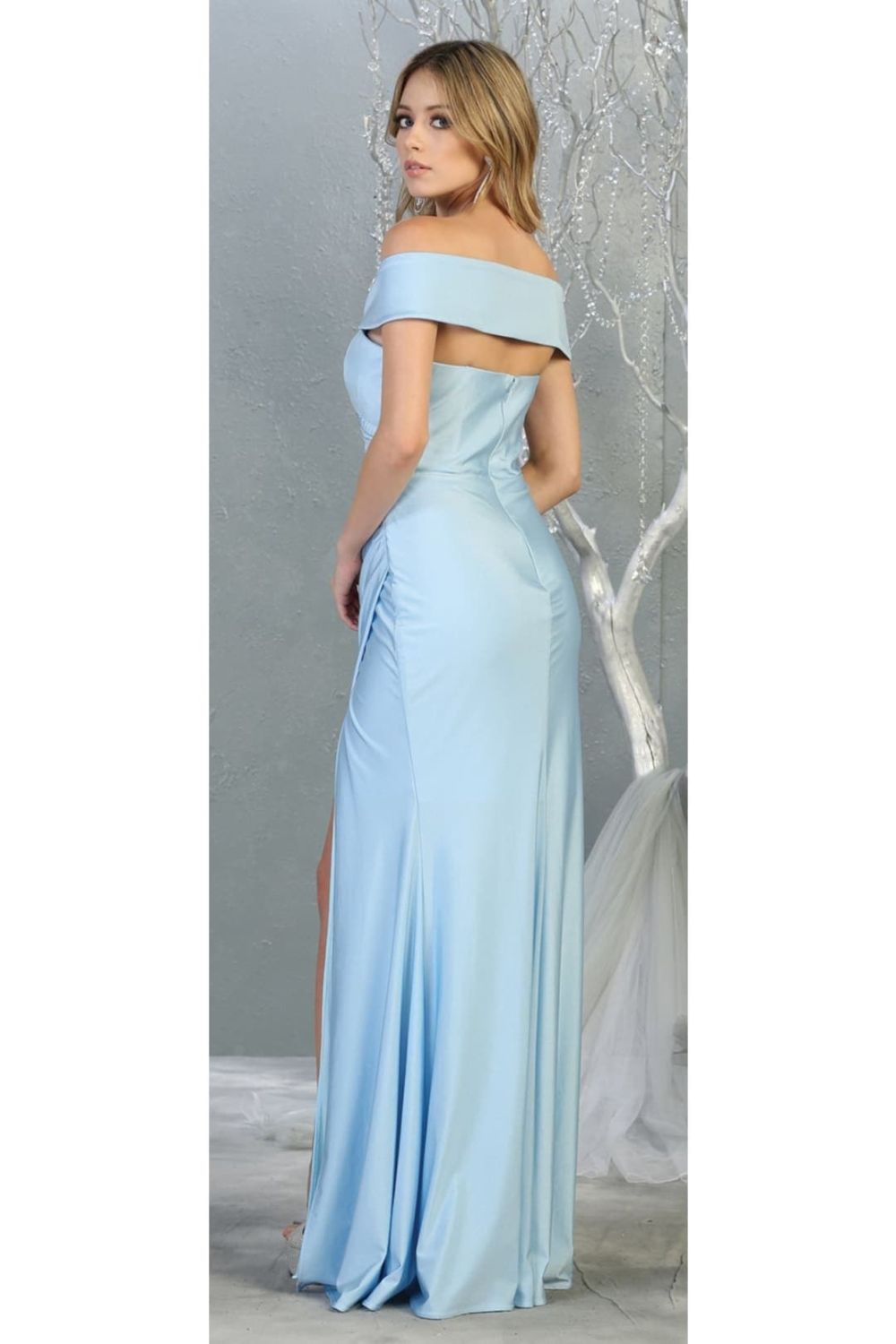 Perry Blue Off-the-Shoulder Floor-Length Jersey Formal Evening Gown High Slit May Queen MQ1825