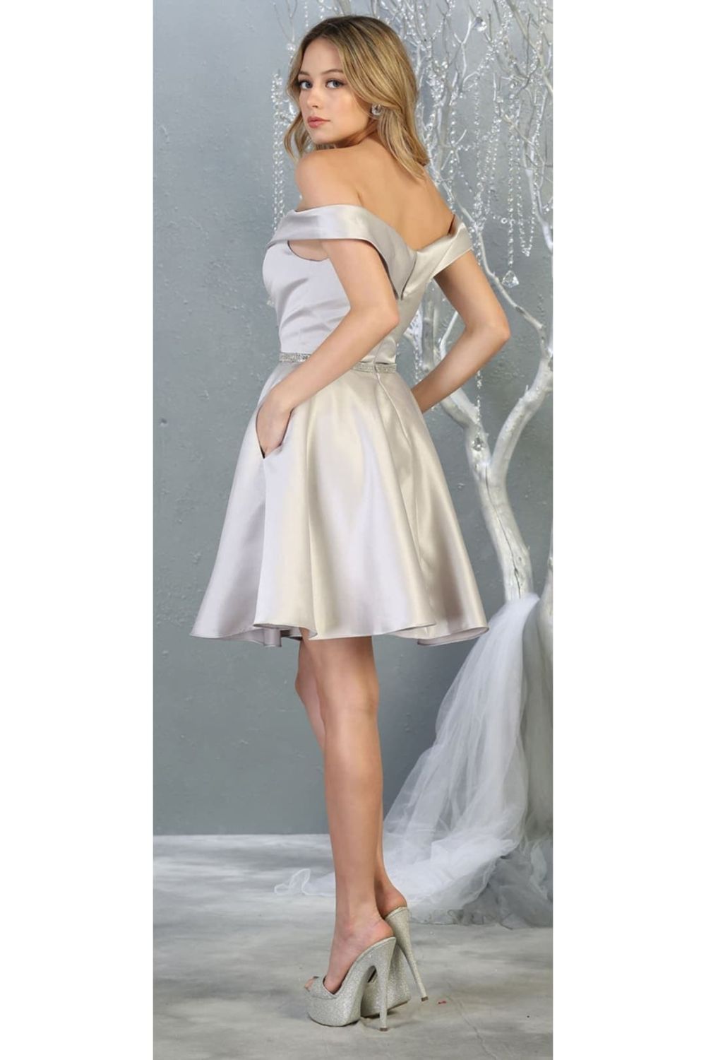 Silver Off-Shoulder Short Satin Rhinestone Homecoming Dress May Queen MQ1815
