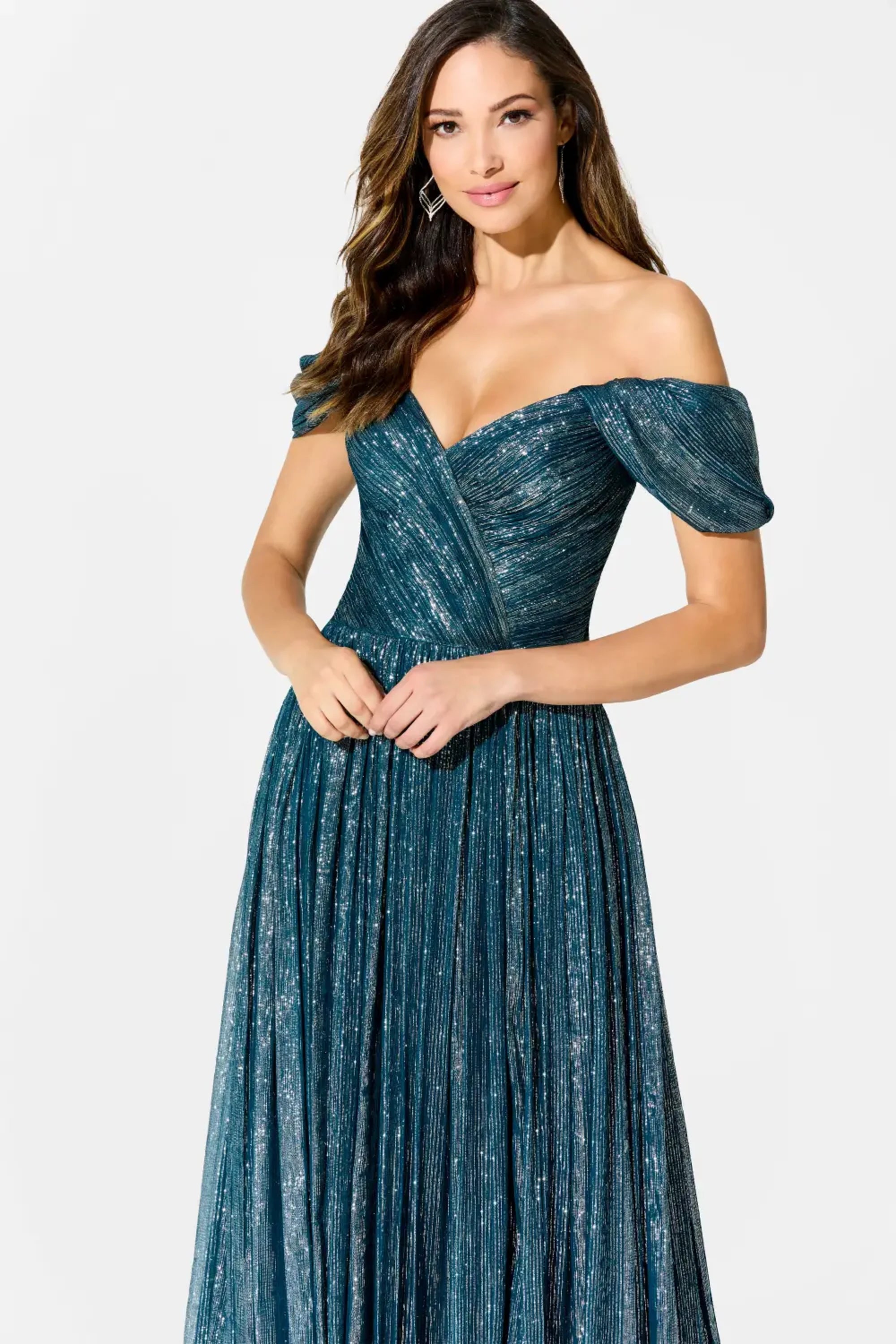 Formal Dresses Glitter Long Formal Pleated Evening Dress Teal/Steel