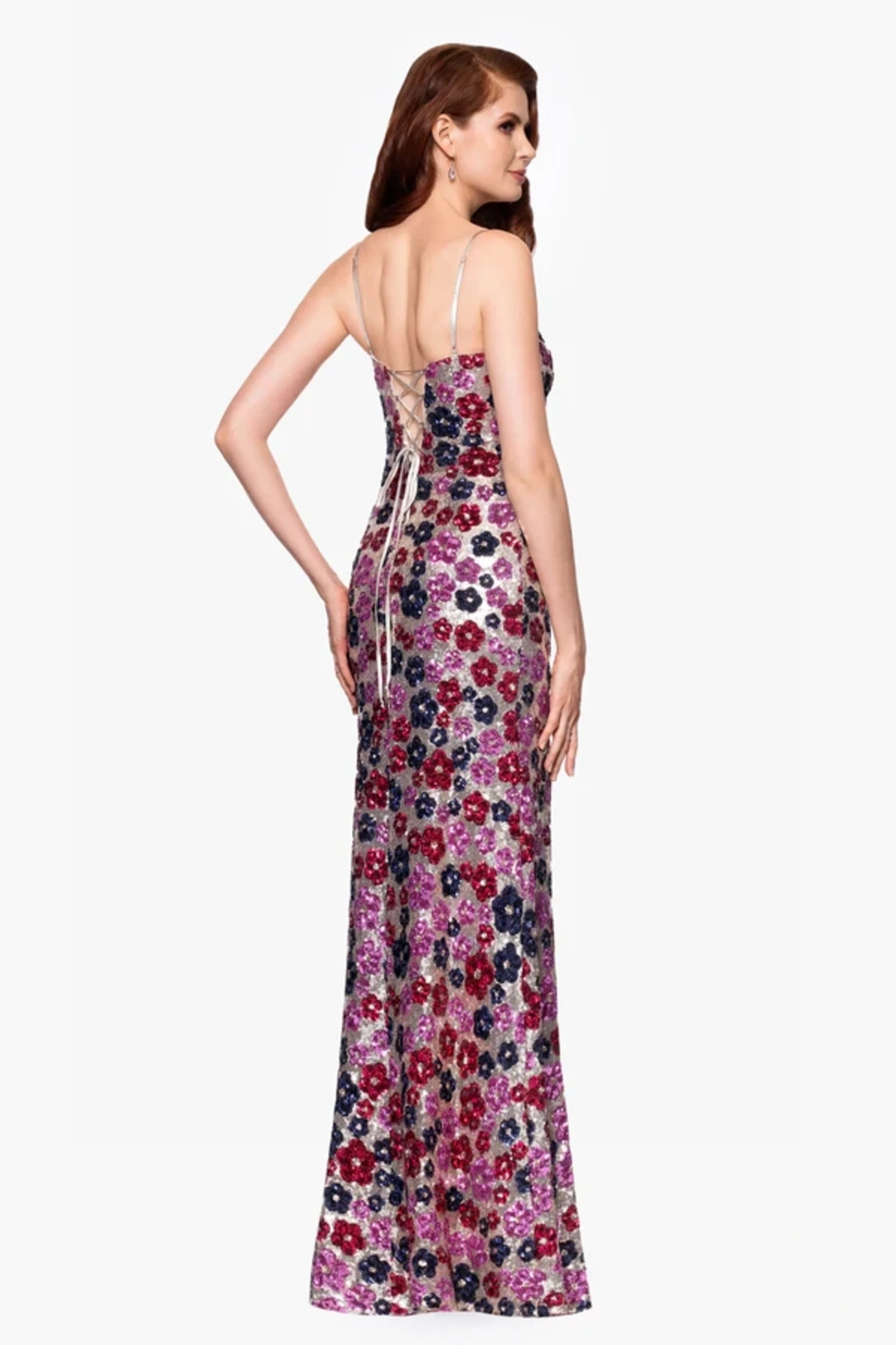 Nude/Navy/Pink Floral Sequin Maxi Dress High Slit Betsy and Adam A27017