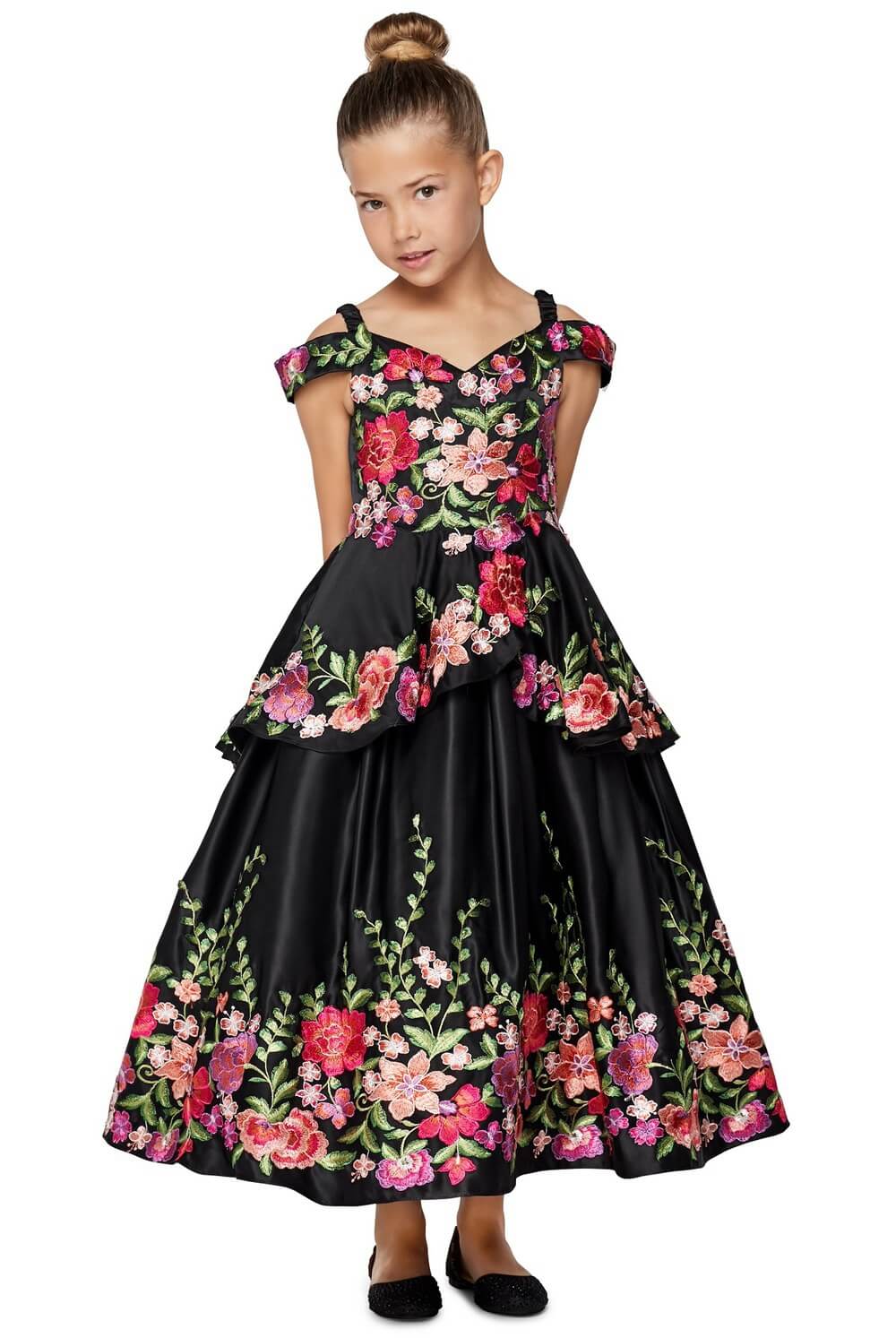 Black Sweetheart Floor Length Satin Flower Girl Dress with Floral Embroidery and Tiered Skirt Cinderella Couture 8006