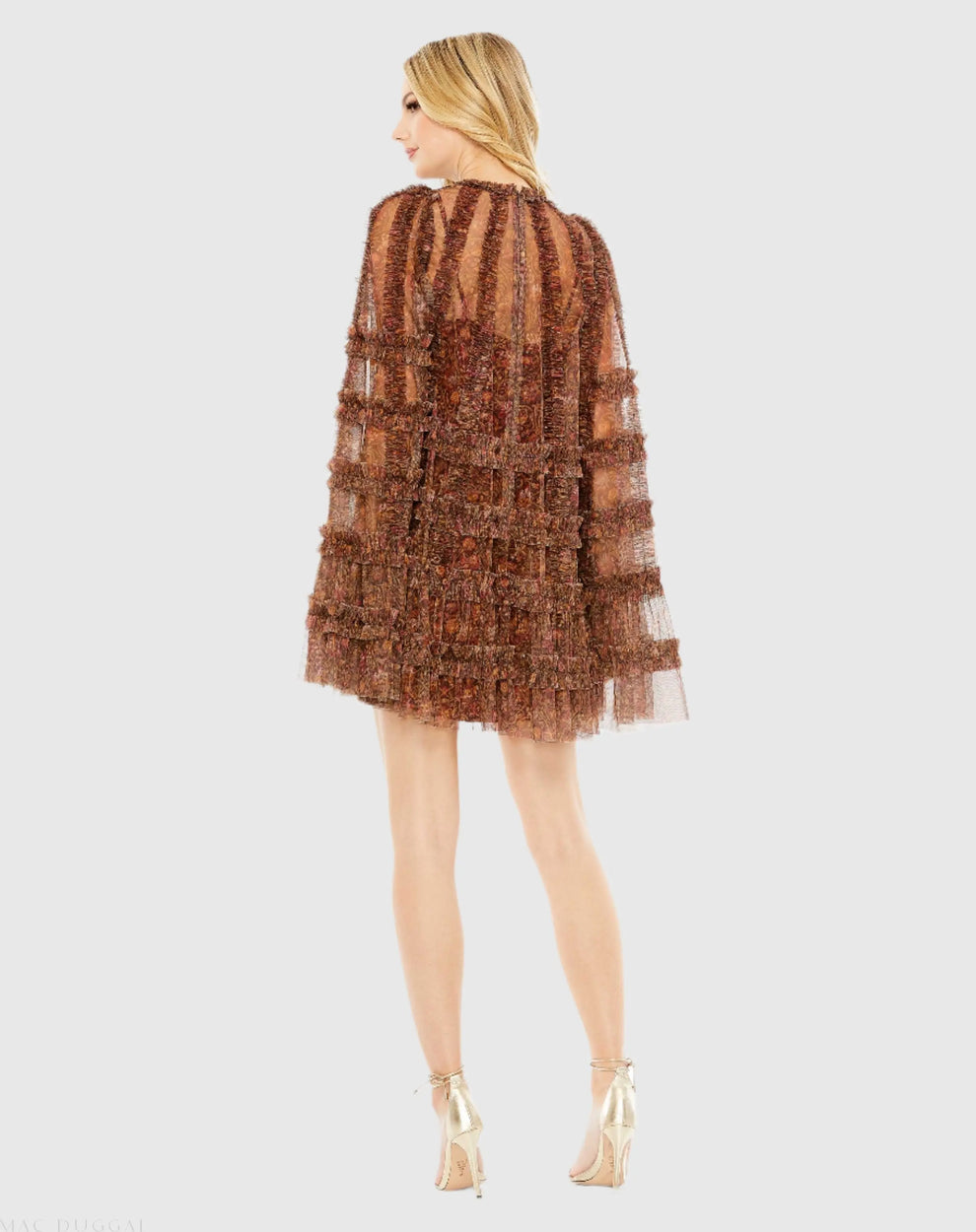 High Neck Short Tulle Cocktail Dress by Mac Duggal 8007A in Brown Multi