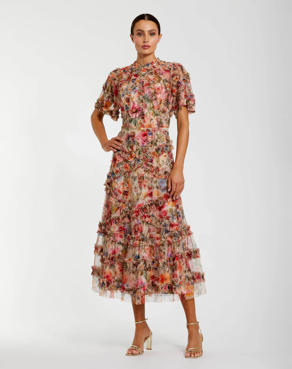 Mac Duggal 8010 Short Sleeve Tea Length Dress Cream Multi