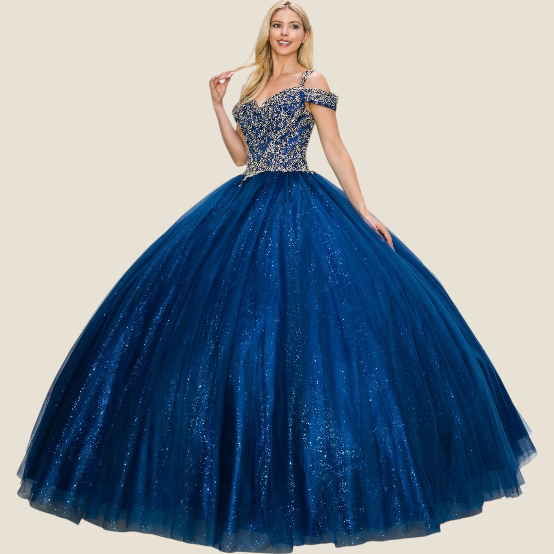 Quinceniera Dresses Long Glitter Ball Gown Quinceanera Dress Cinderella Couture 8028J Navy