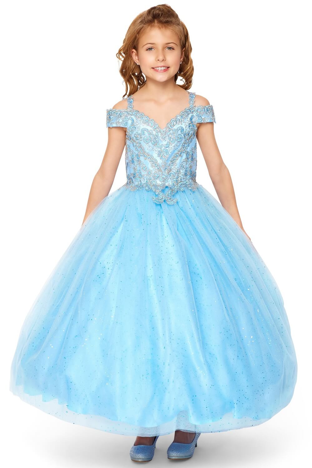 Blue Sweetheart Tea Length Metallic Glitter Flower Girl Party Dress with Beaded Waist and Pockets Cinderella Couture 8028X