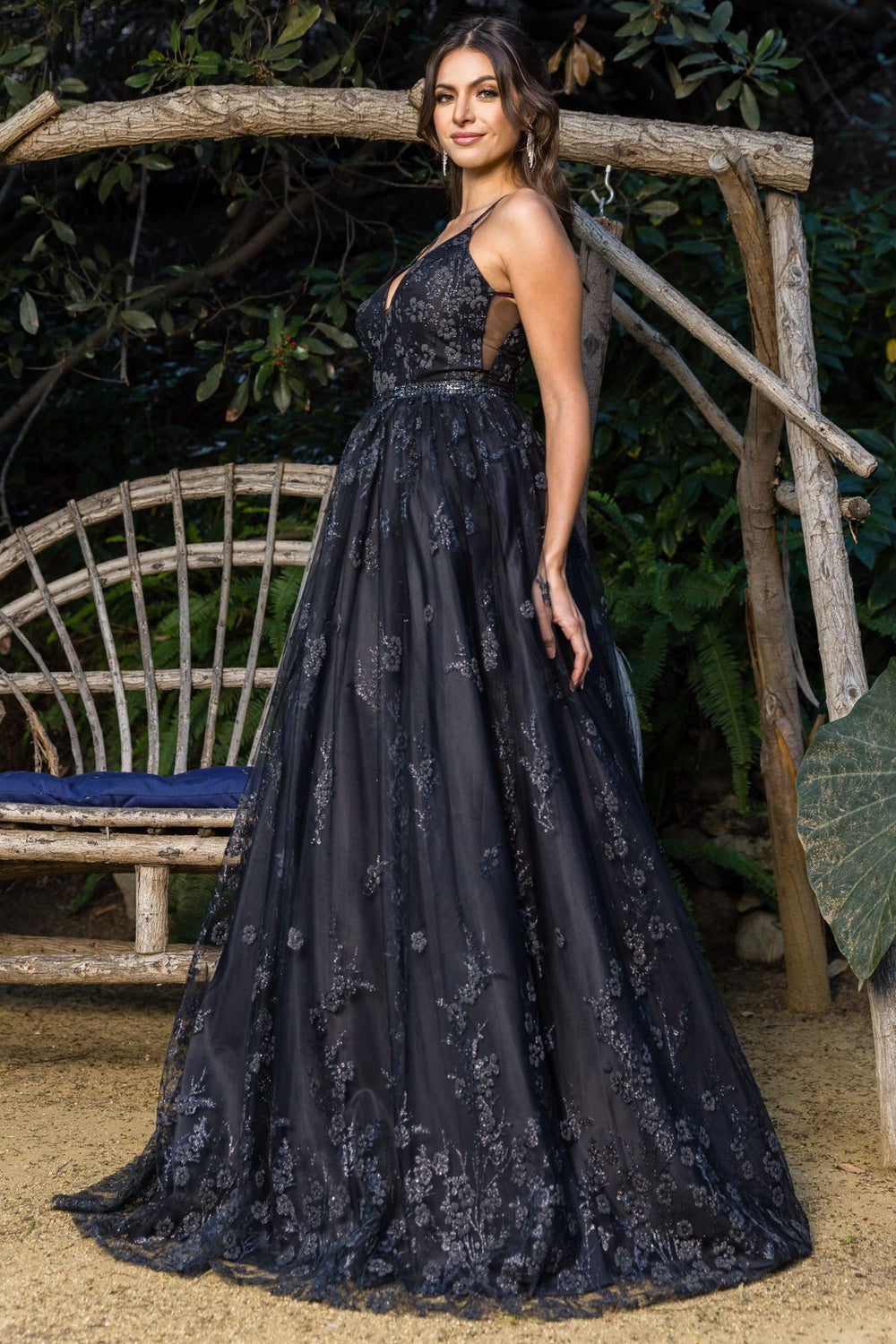 Prom Dresses A Line Long Formal Glitter Floral Prom Dress Cinderella Couture 8039J Black