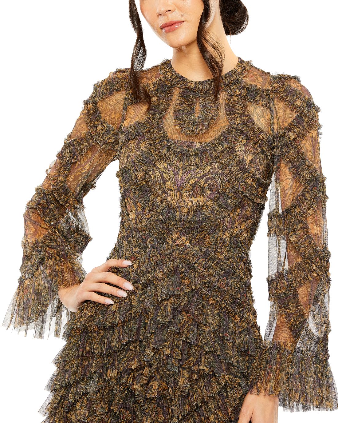 Prom Dresses Formal Long Prom Ruffle Tiered Gown Brown Multi
