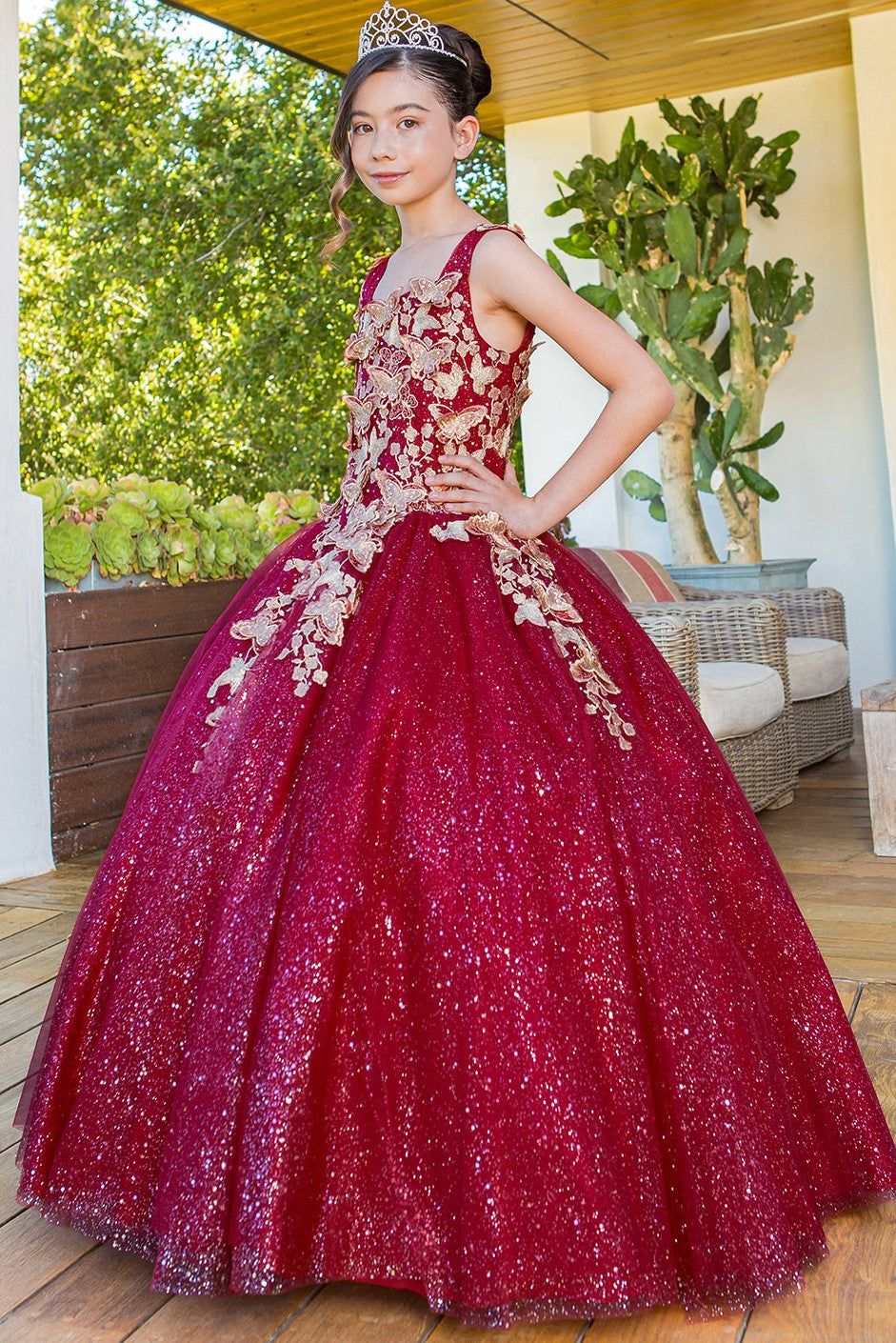 Flower Girl Dresses Long Beaded Applique Glitter Flower Girl Dress Burgundy