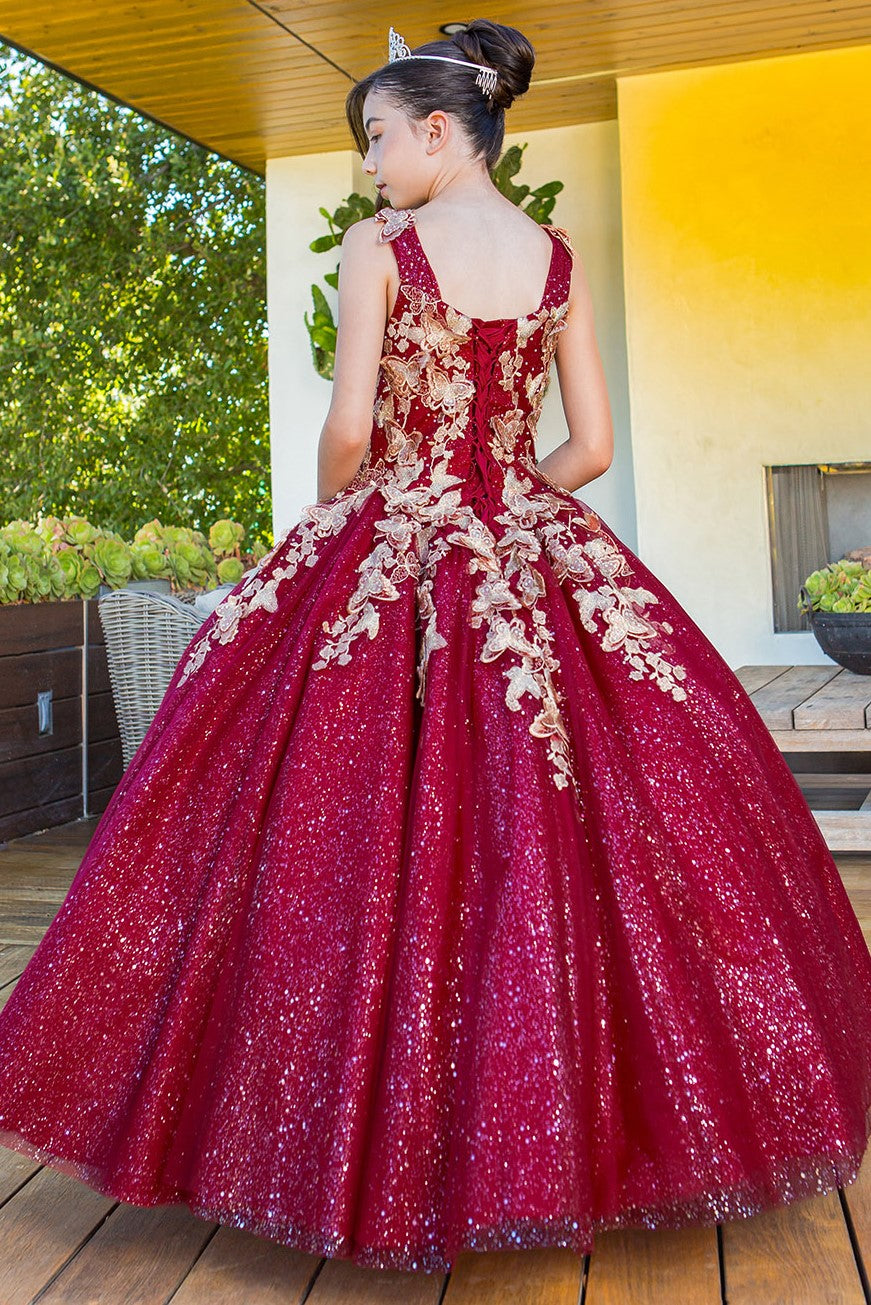 Flower Girl Dresses Long Beaded Applique Glitter Flower Girl Dress Burgundy