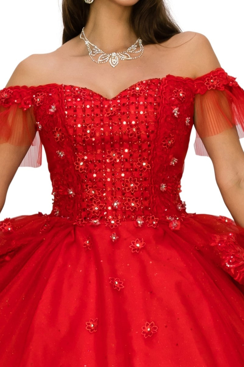 Quinceniera Dresses Lace Glitter Beaded Quinceanera Dress Cinderella Couture 8055J Red