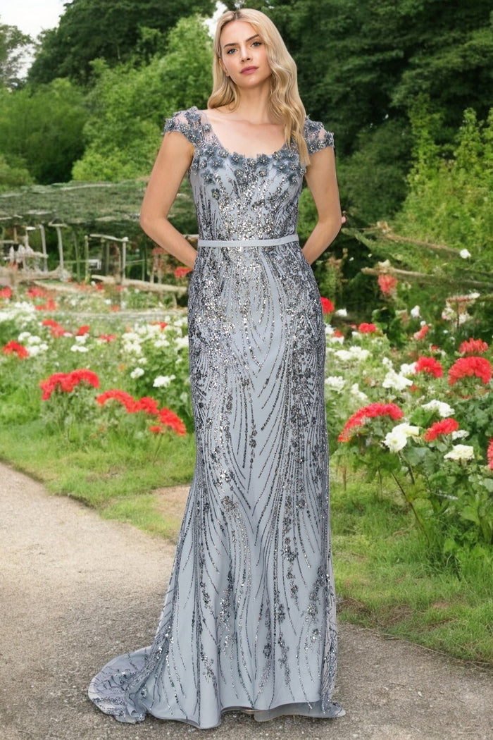 Prom Dresses Prom Long Glitter Applique Formal Dress Smoky Blue