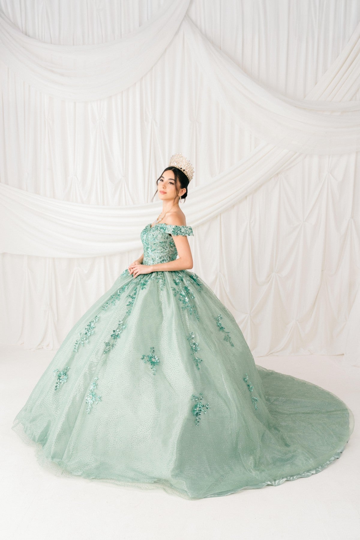 Quinceniera Dresses Sequin Floral Applique Ball Gown Quinceanera Dress Cinderella Couture 8060J Sage