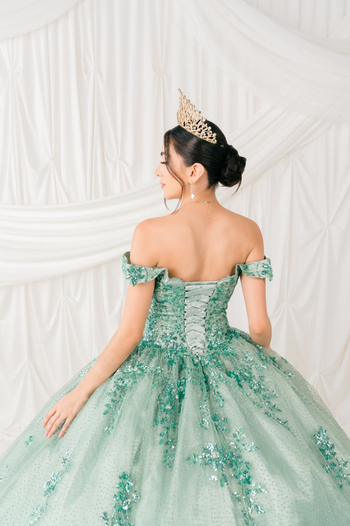 Quinceniera Dresses Sequin Floral Applique Ball Gown Quinceanera Dress Cinderella Couture 8060J Sage