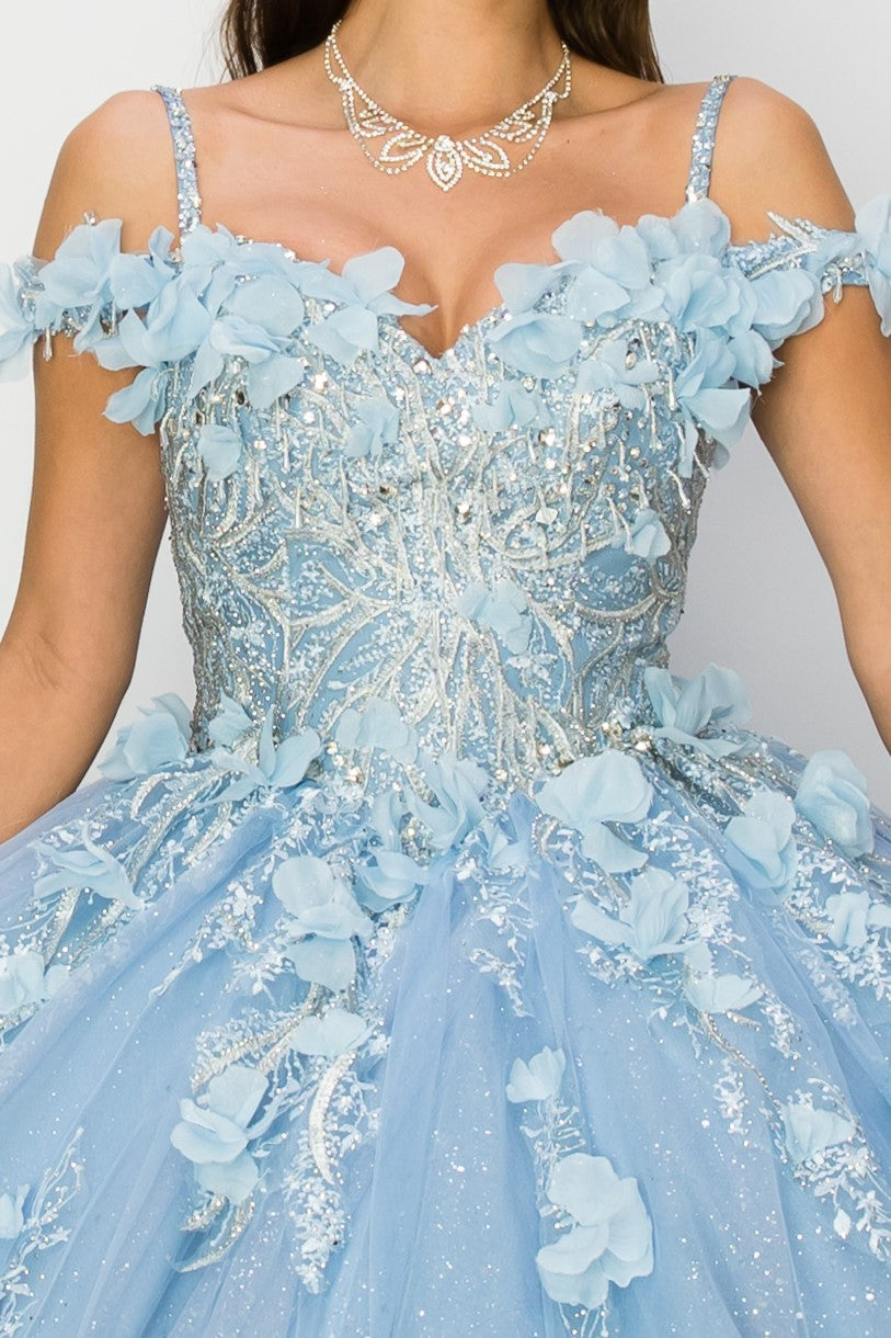 Quinceniera Dresses 3D Floral Applique Corset Quinceanera Dress Cinderella Couture 8061J Blue