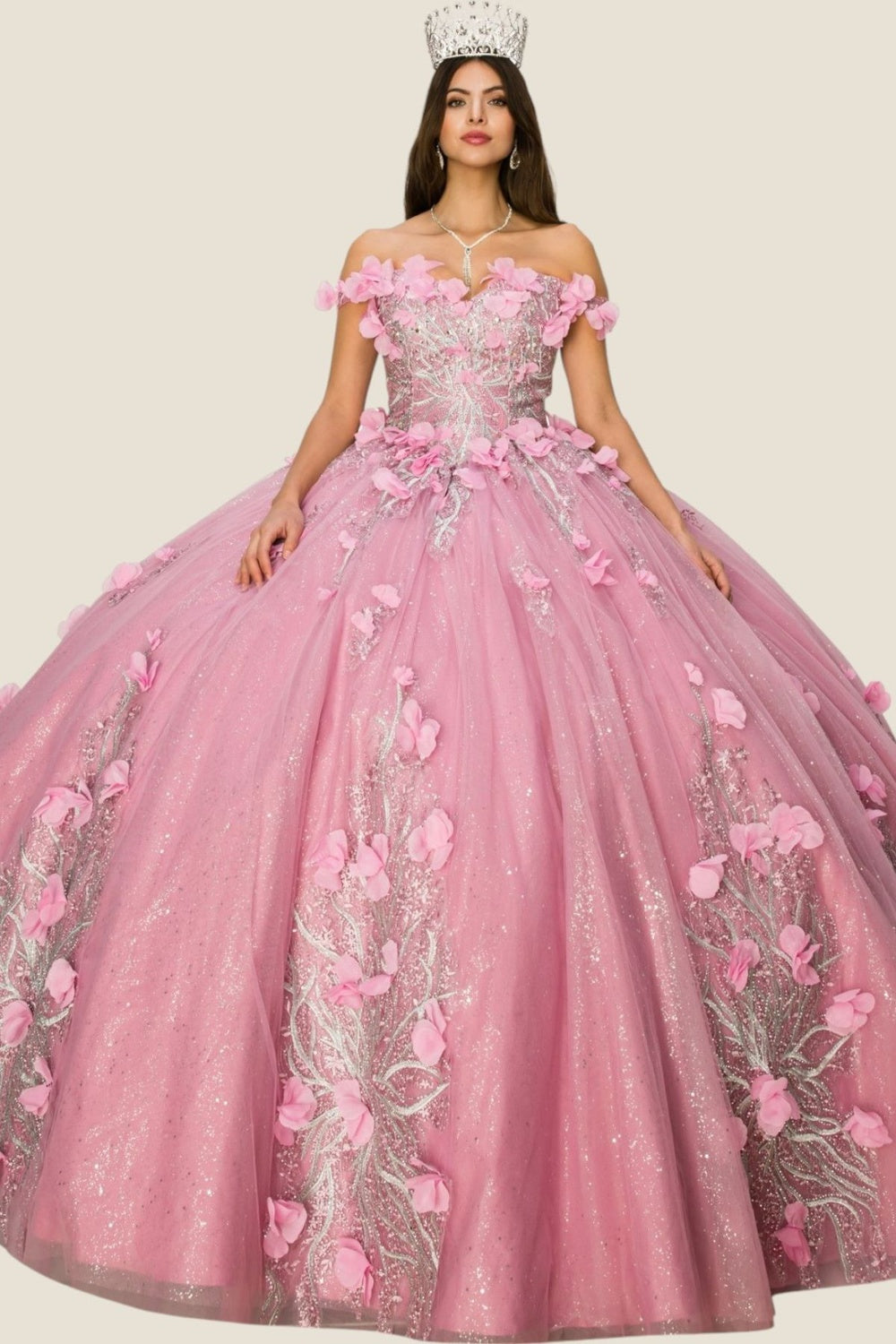 Quinceniera Dresses 3D Floral Applique Corset Quinceanera Dress Cinderella Couture 8061J Rose