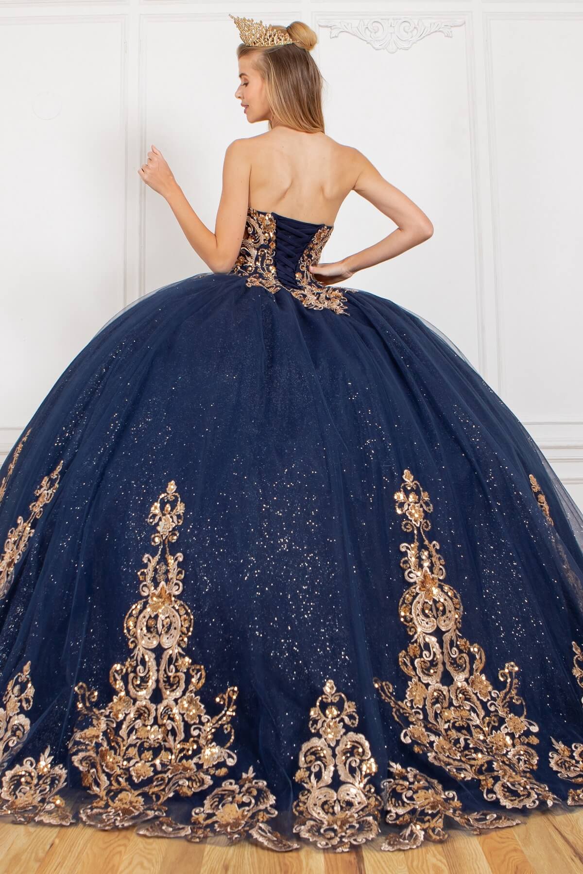 Navy Sweetheart Floor Length Embossed Tulle Quinceanera Ball Gown with Detachable Train Sleeves Cinderella Couture 8063J