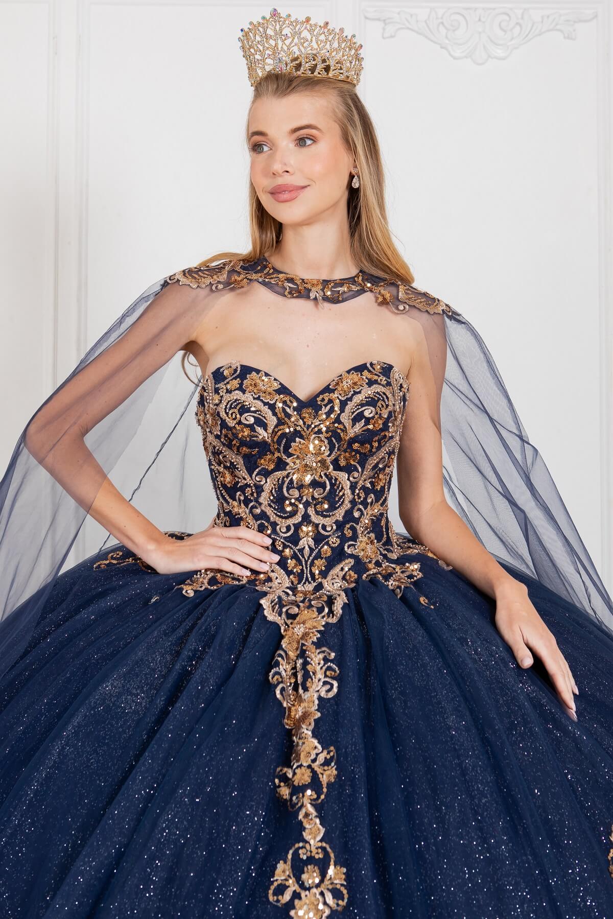 Navy Sweetheart Floor Length Embossed Tulle Quinceanera Ball Gown with Detachable Train Sleeves Cinderella Couture 8063J