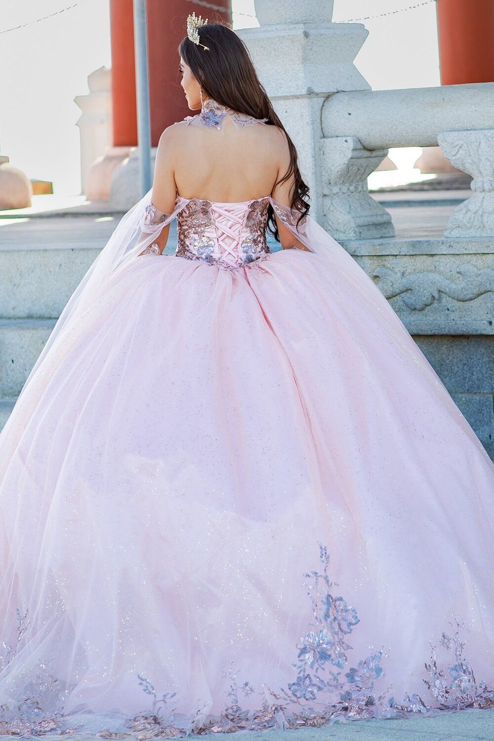 Blush Sweetheart Floor Length Glitter Tulle Quinceanera Ball Gown with Detachable Shoulder Drapes Cinderella Couture 8064J