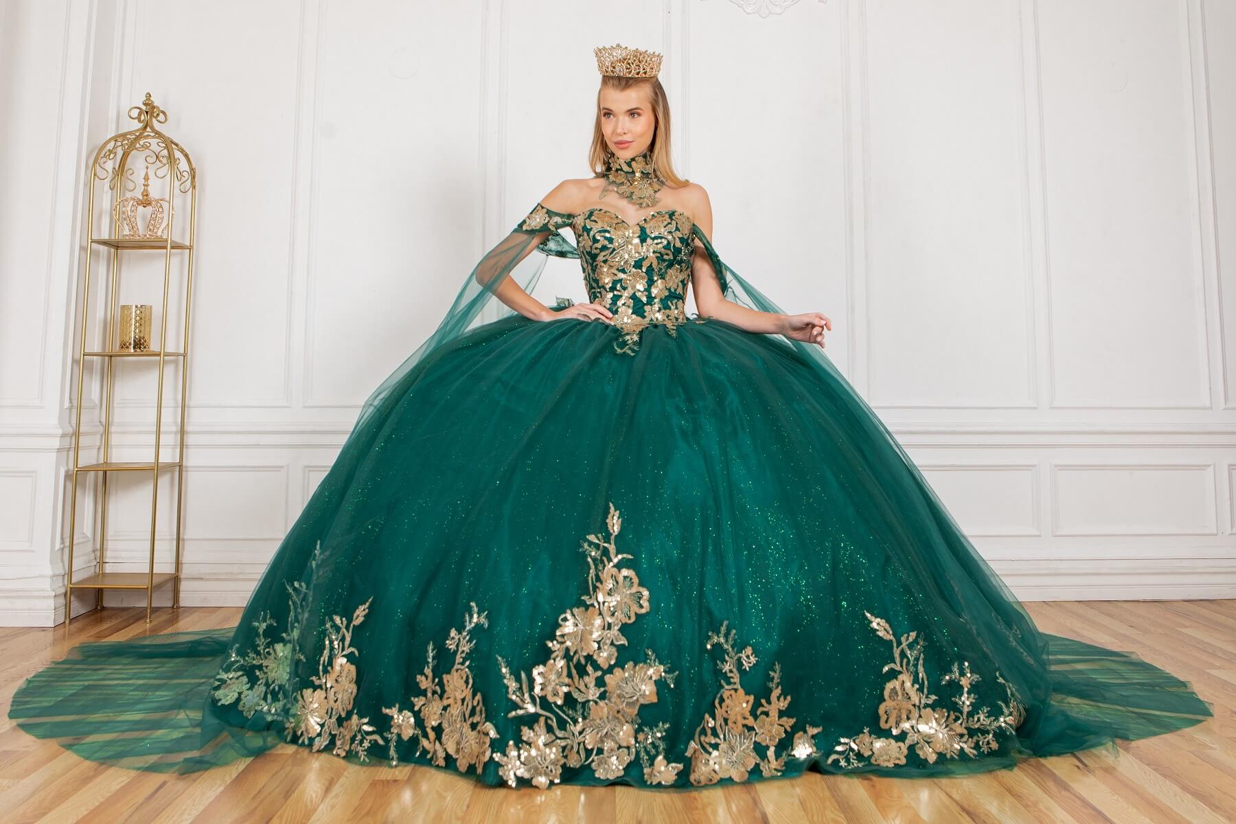Hunter Green Sweetheart Floor Length Glitter Tulle Quinceanera Ball Gown with Detachable Shoulder Drapes Cinderella Couture 8064J