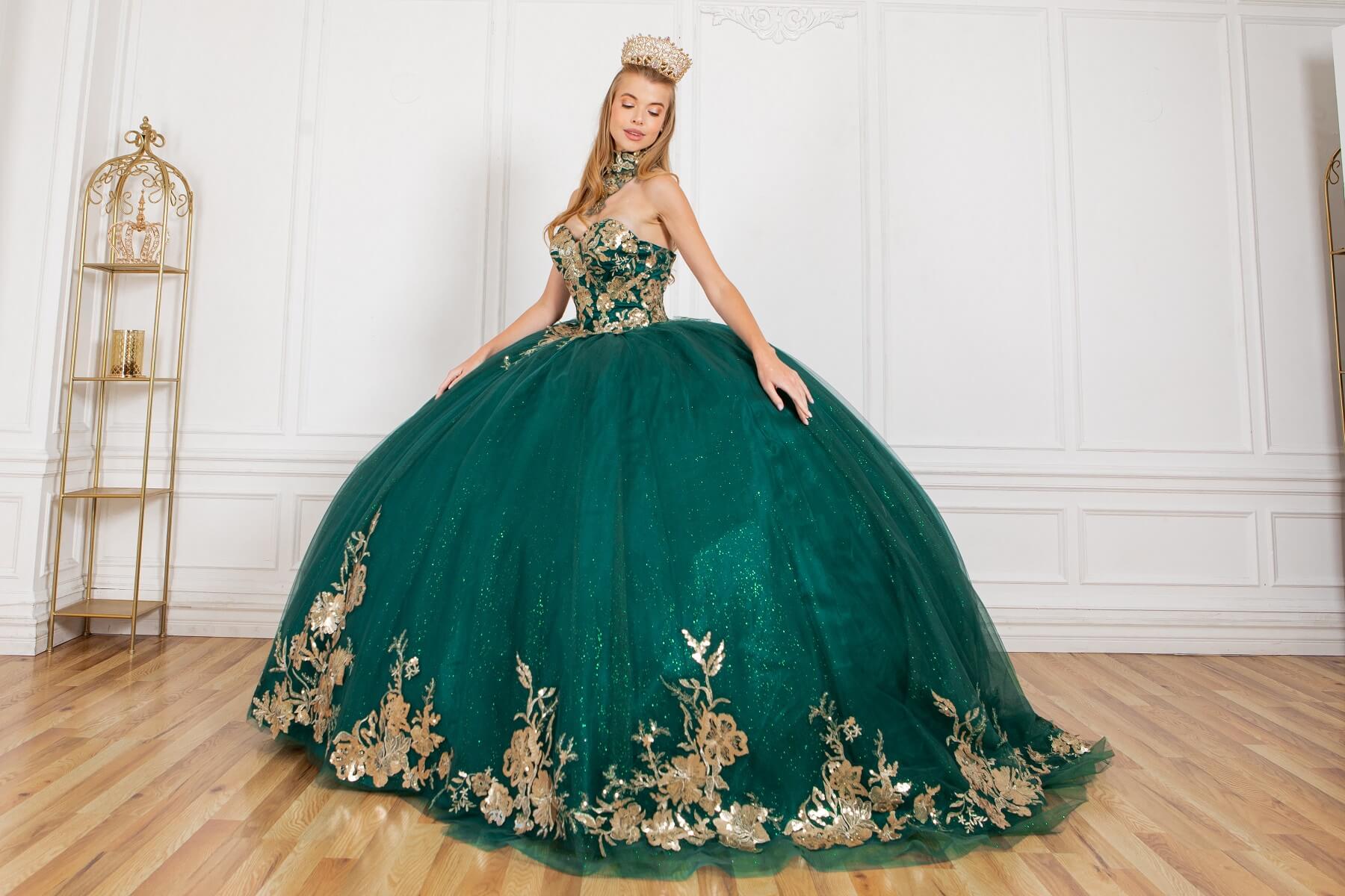 Hunter Green Sweetheart Floor Length Glitter Tulle Quinceanera Ball Gown with Detachable Shoulder Drapes Cinderella Couture 8064J