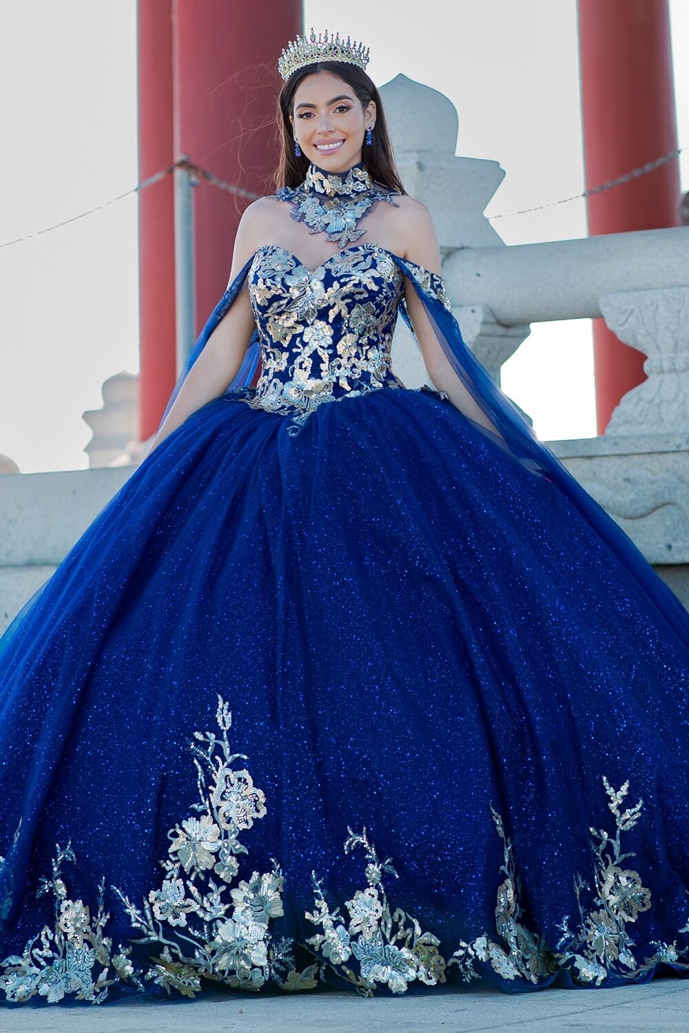 Navy Sweetheart Floor Length Glitter Tulle Quinceanera Ball Gown with Detachable Shoulder Drapes Cinderella Couture 8064J