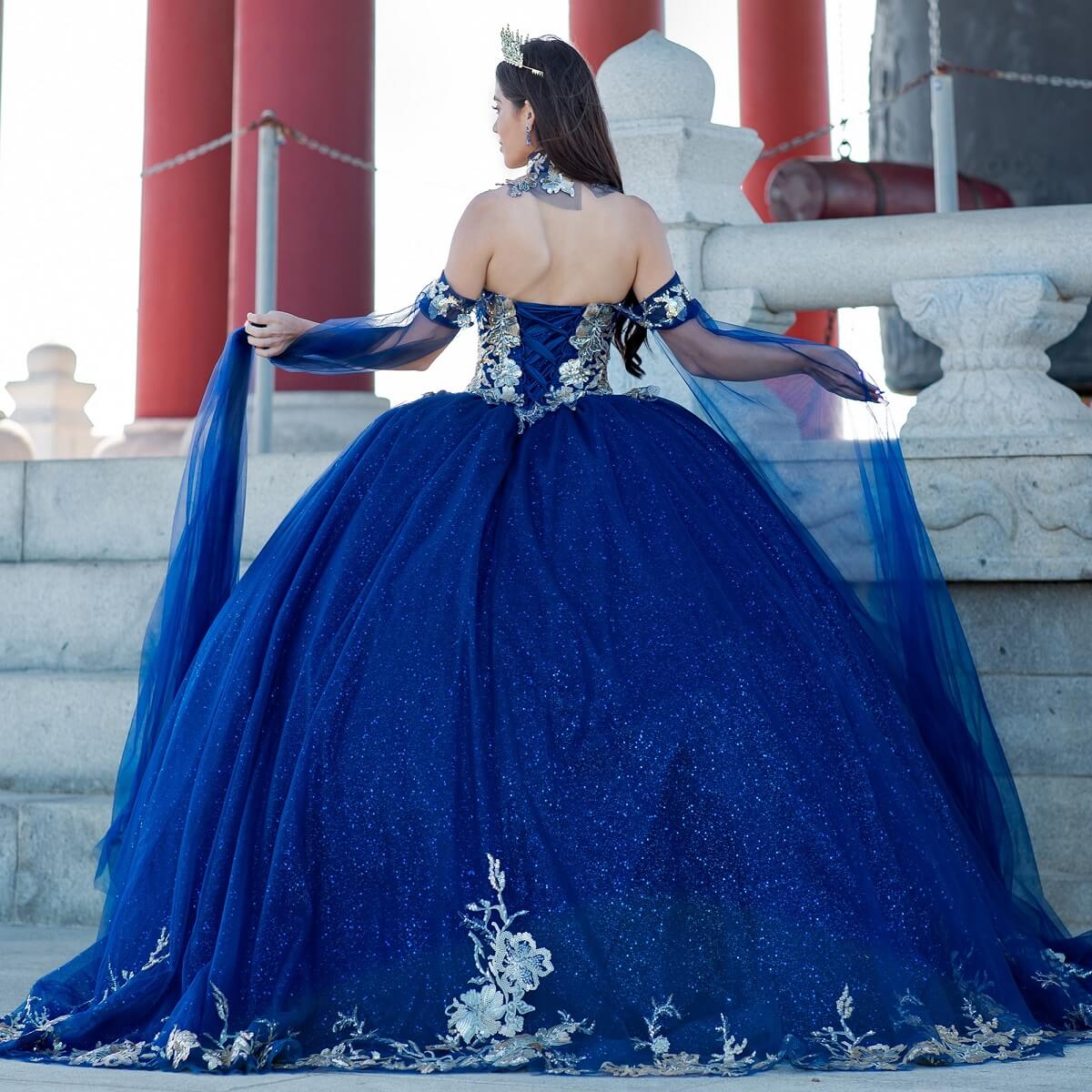 Navy Sweetheart Floor Length Glitter Tulle Quinceanera Ball Gown with Detachable Shoulder Drapes Cinderella Couture 8064J