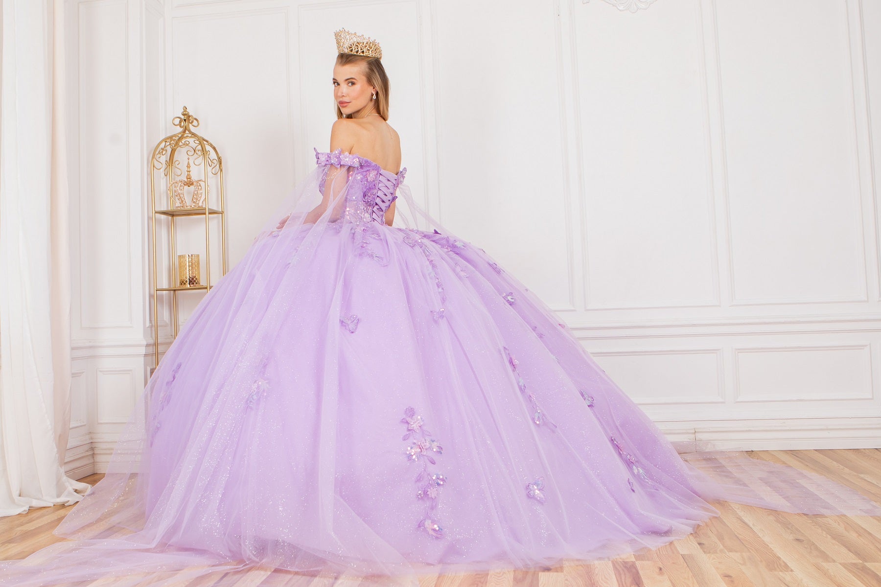 Quinceniera Dresses Long Applique Ball Gown Cape Quinceanera Dress Lilac