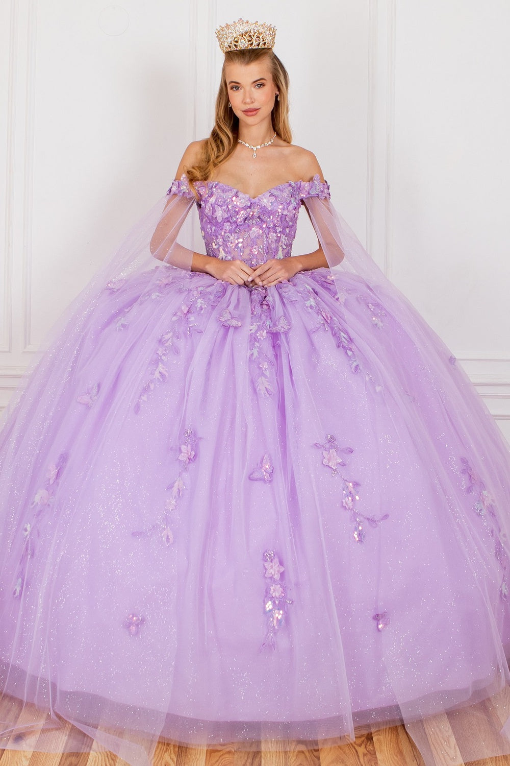 Quinceniera Dresses Long Applique Ball Gown Cape Quinceanera Dress Lilac