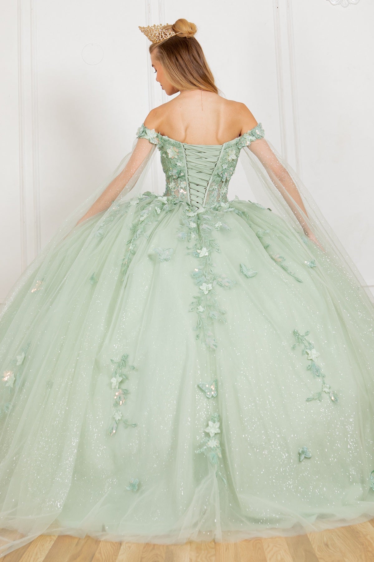Quinceniera Dresses Long Applique Ball Gown Cape Quinceanera Dress Sage