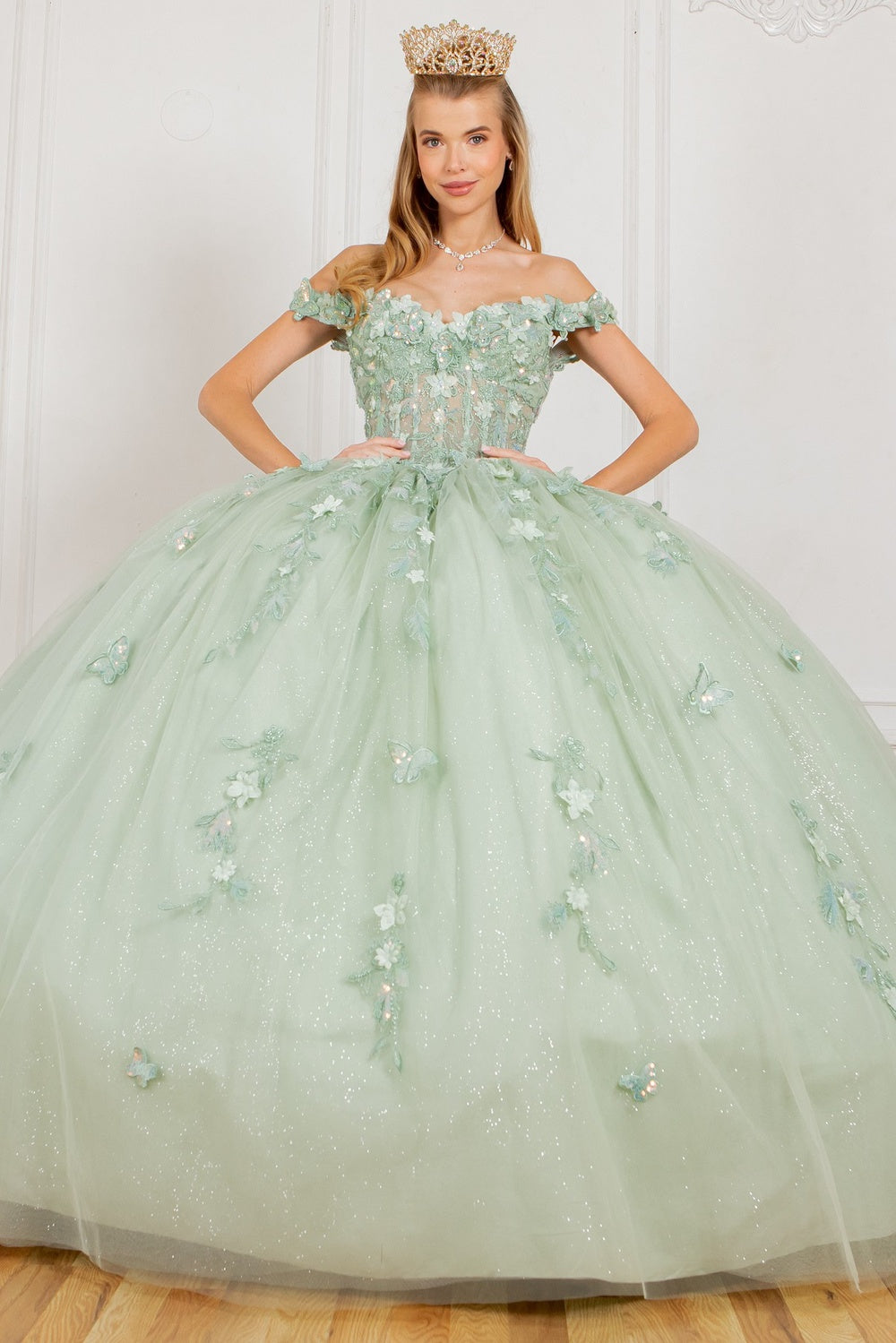 Quinceniera Dresses Long Applique Ball Gown Cape Quinceanera Dress Sage