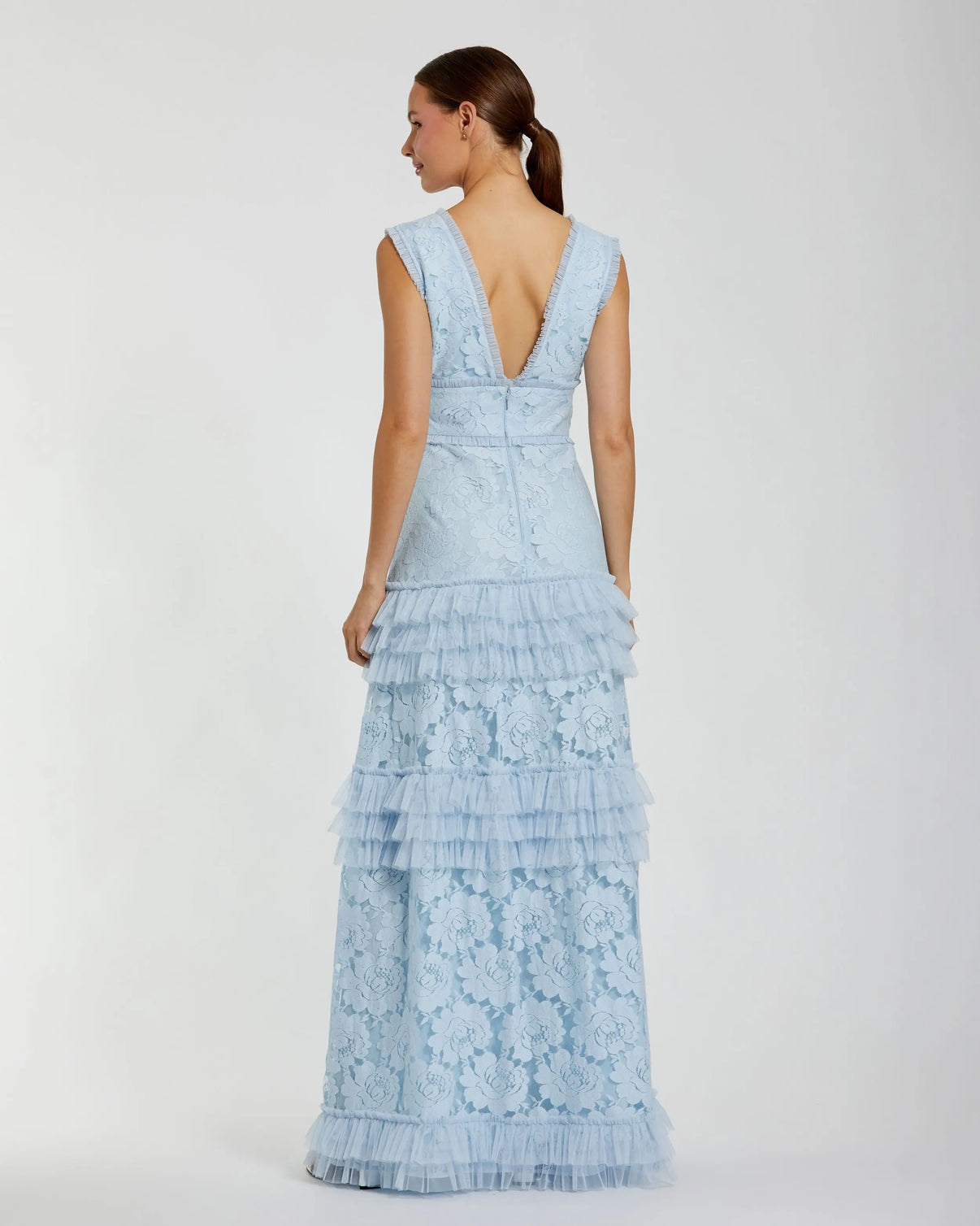 V-Neck Long Lace Formal Dress by Mac Duggal 8078 in Powder Blue