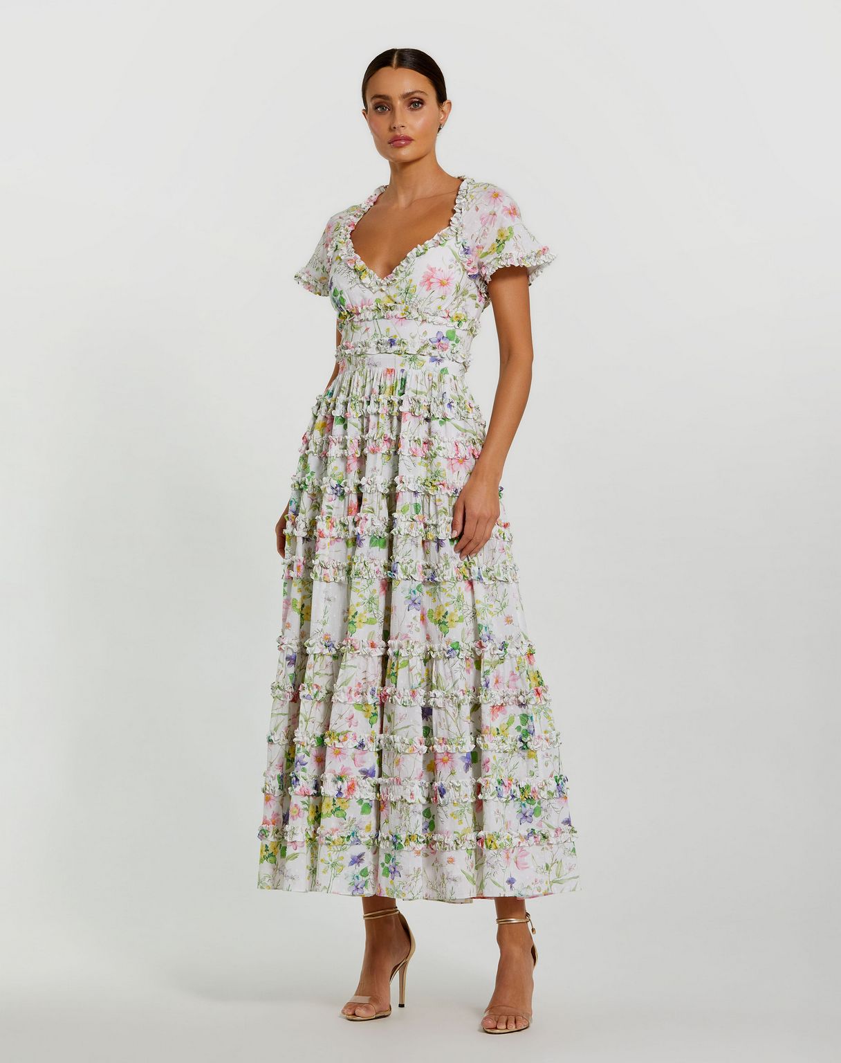 Cocktail Dresses Floral Tea Length Cocktail Dress White Multi
