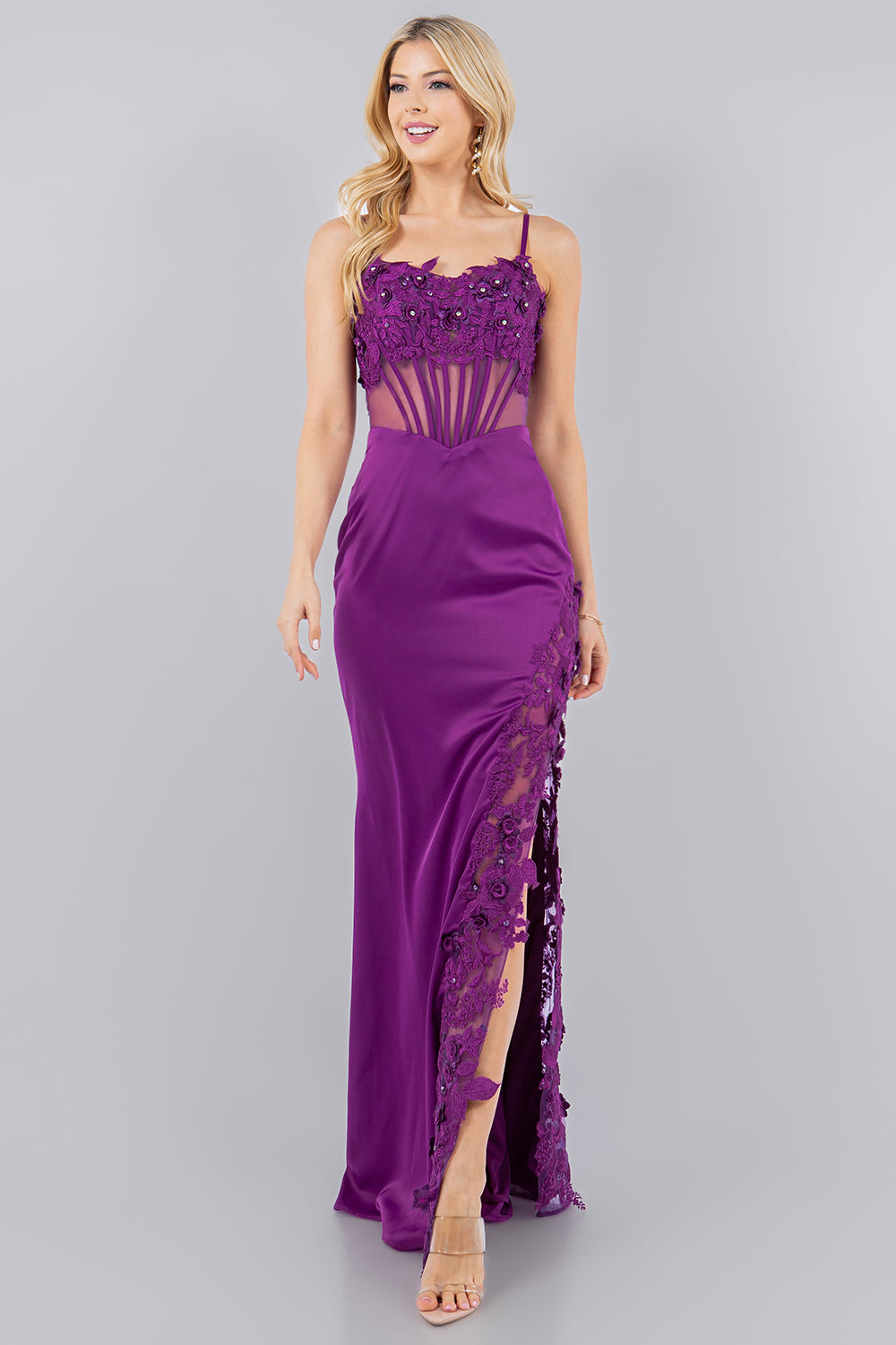 Prom Dresses Long Fitted Formal 3D Floral Applique Prom Dress Grape