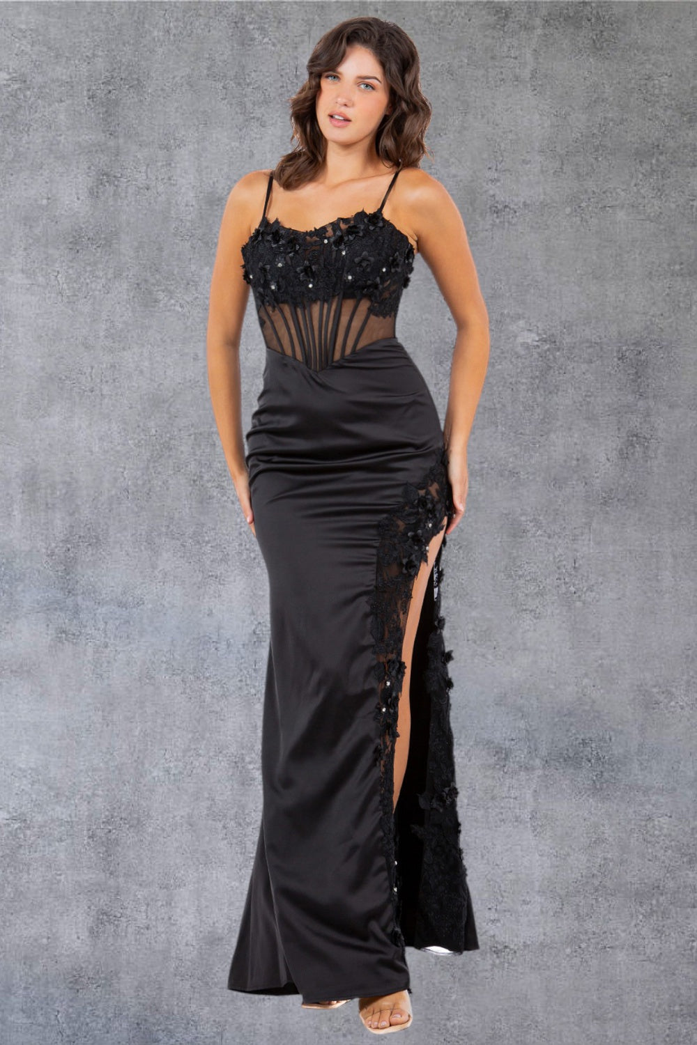 Prom Dresses Long Fitted Formal 3D Floral Applique Prom Dress Black