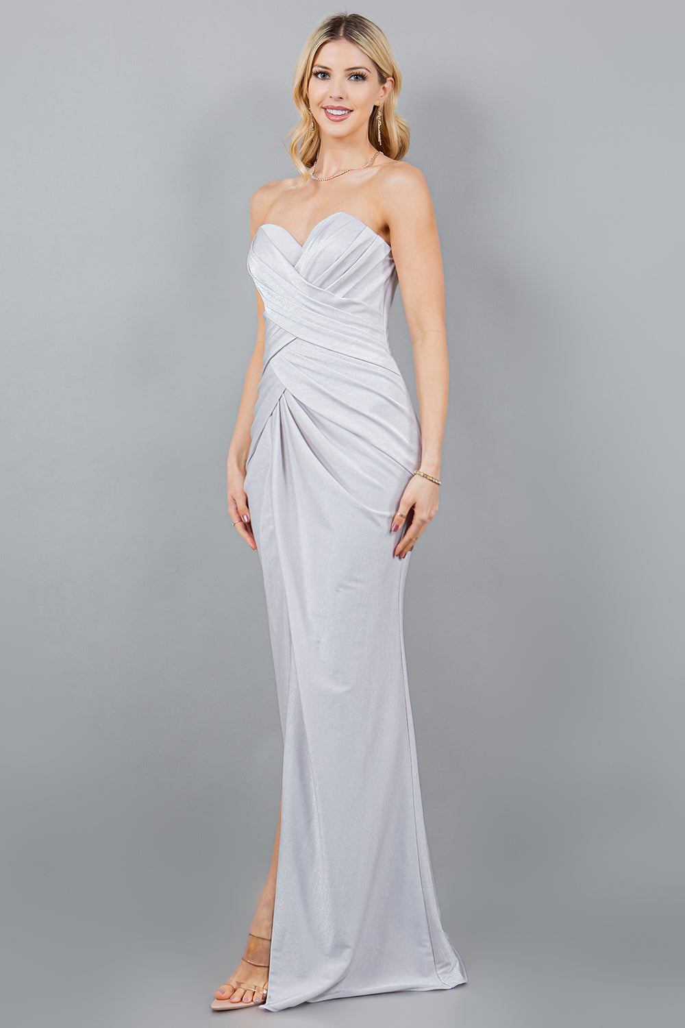 Prom Dresses Fitted Long Metallic Formal Slit Prom Dress Silver