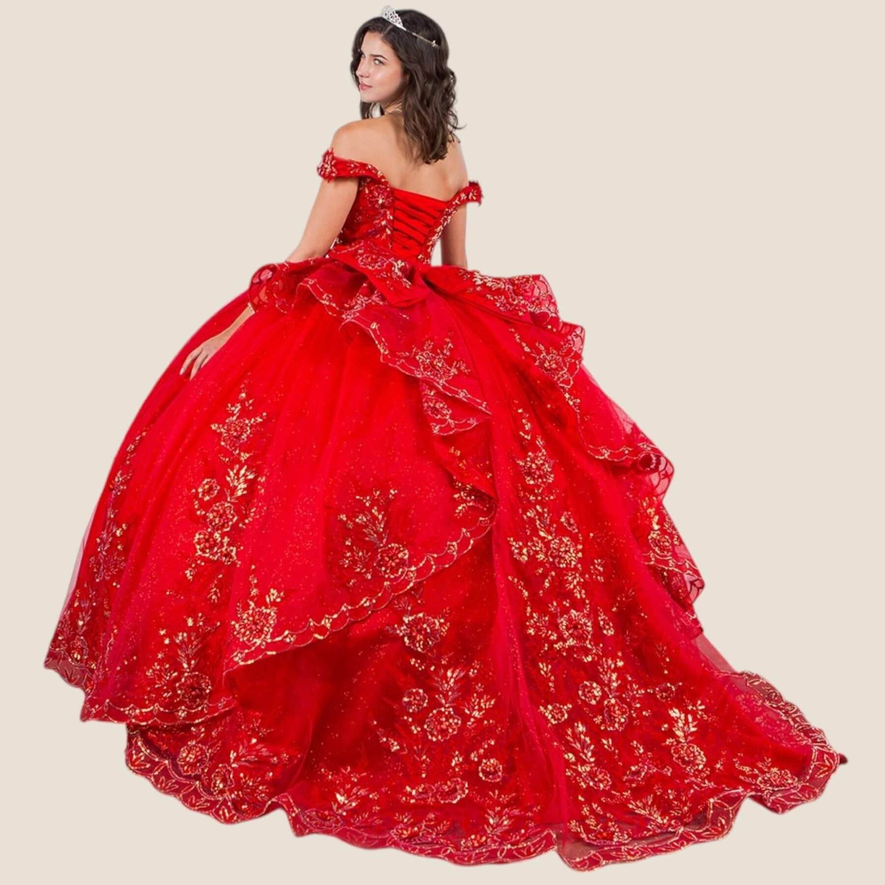 Red Sweetheart Floor Length Glitter Tulle Quinceanera Ball Gown with 3D Beaded Applique Cinderella Couture 8100J